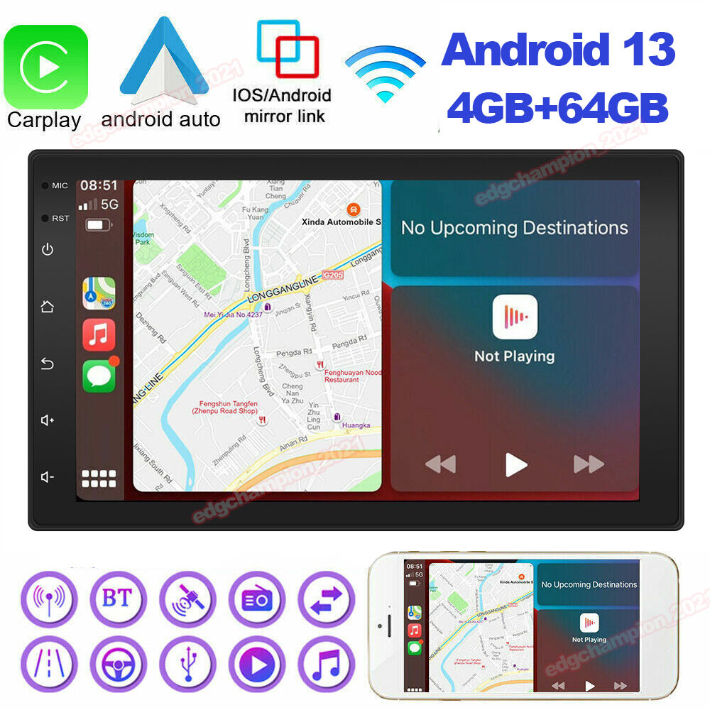 Double 2 Din 7″ Car Android Auto Carplay 4+64GB Stereo Bluetooth Radio GPS WIFI
