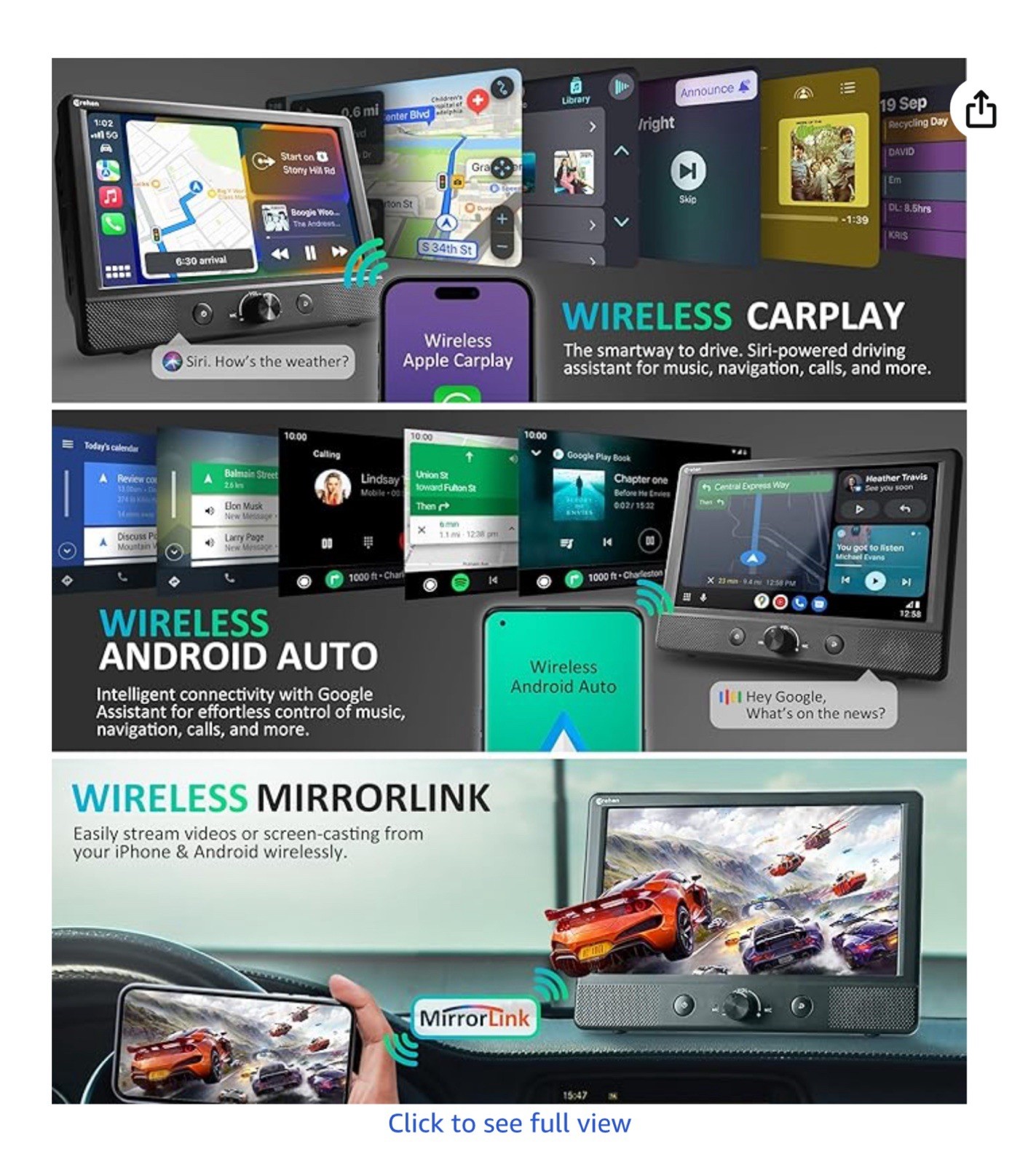 Bluetooth Car Stereo Touch Screen Wireless Apple Carplay Android Backup Cam 7”