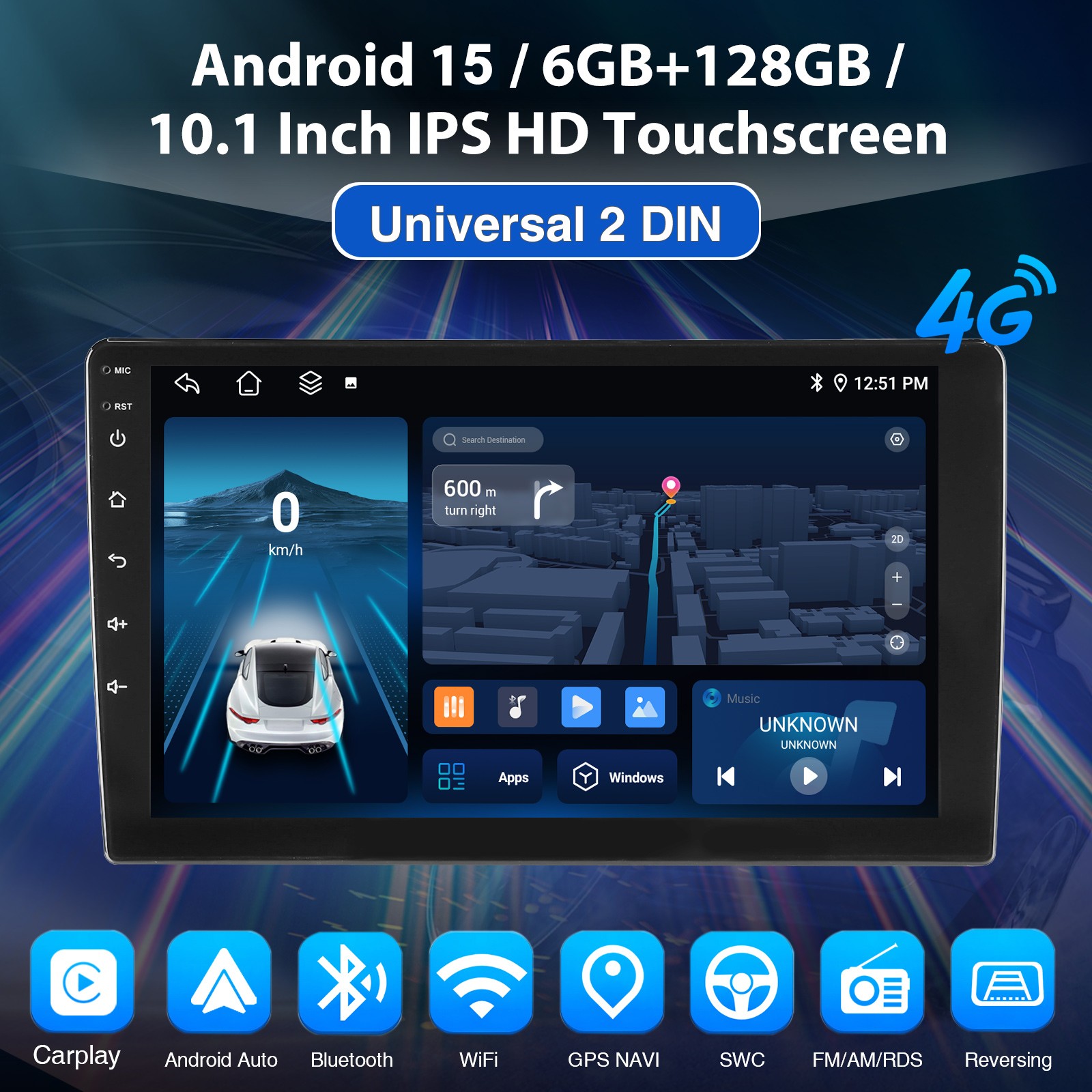 10.1″ 6+128GB QLED 2 DIN Car Stereo Radio Carplay Android 15 8-Core GPS WIFI BT