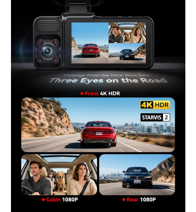Cámara dash cam 4K de 3 canales con grabación frontal, interior y trasera, WiFi