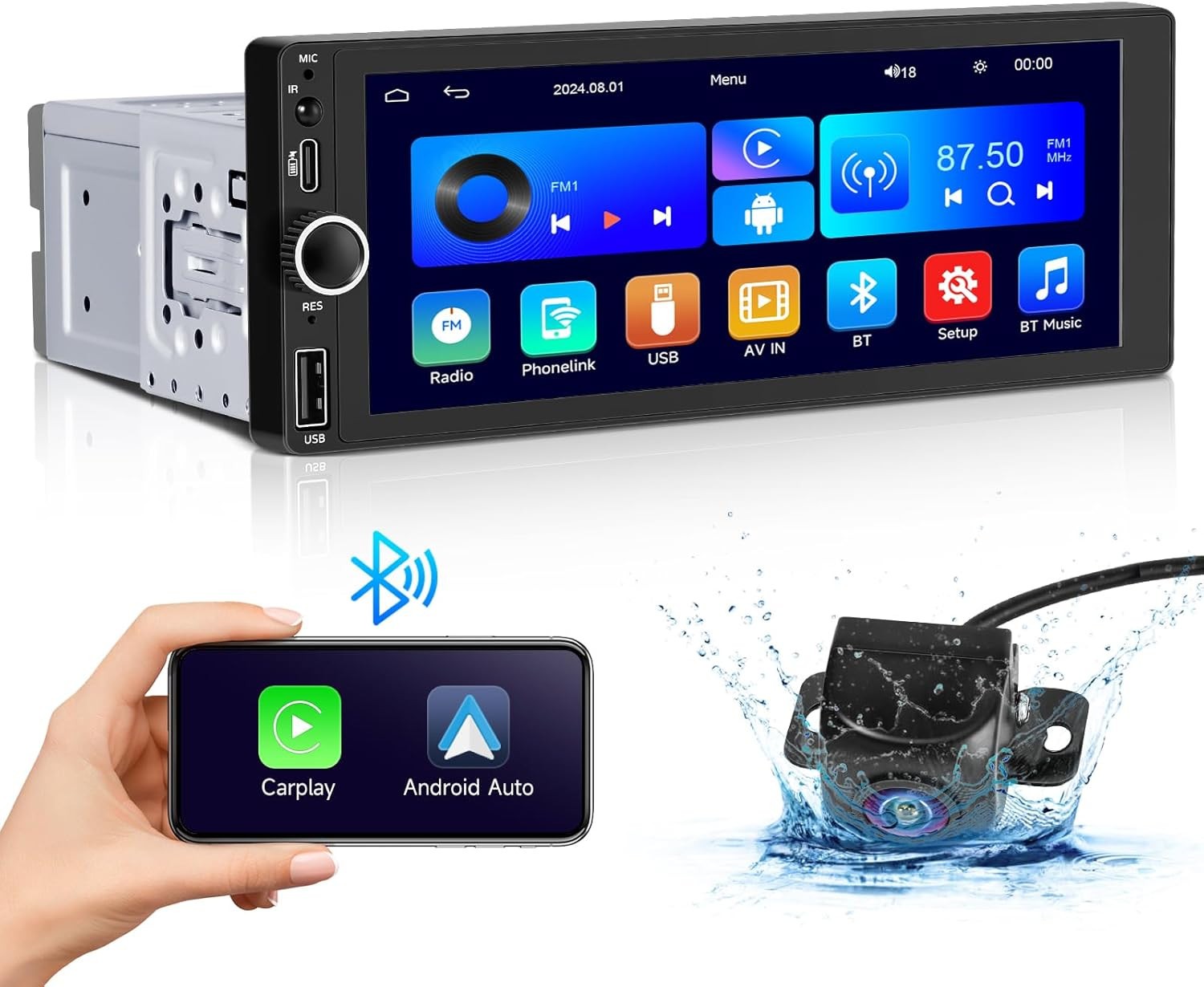 Wireless Single Din Car Stereo-Apple Carplay, Android Auto, 6.86″ Touchscreen