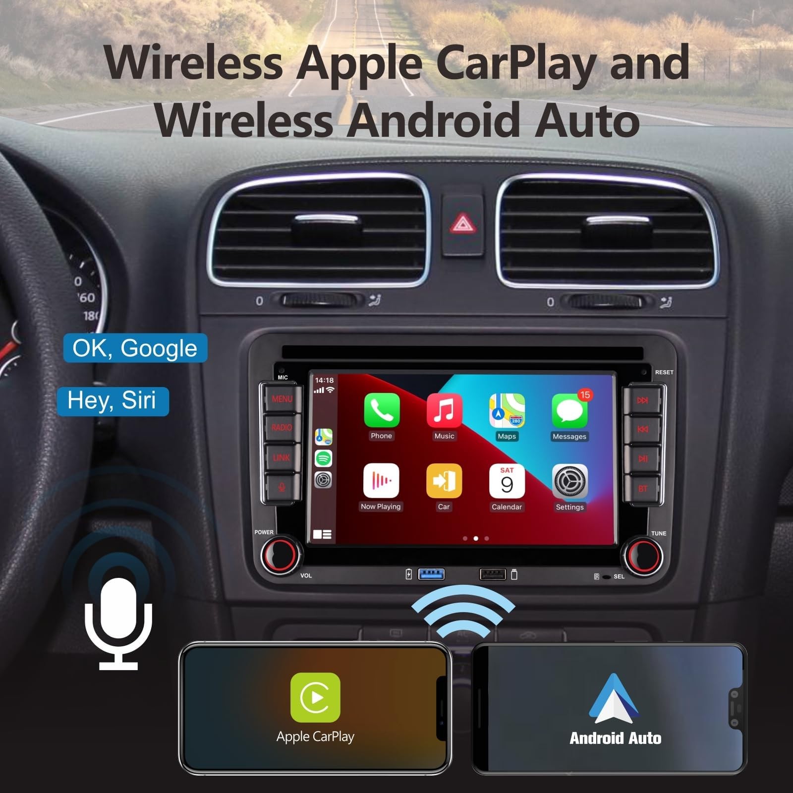 Double din Car Stereo Compatible with Wireless Carplay Android Auto with Blue…