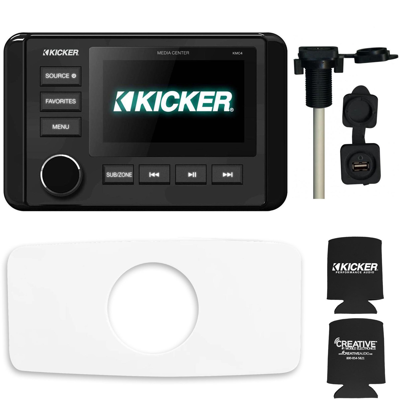 Kicker KMC4 Marine Radio With Stinger SEADASH3W 3″ Kit -White SMRAUXUSB3 Usb/Aux
