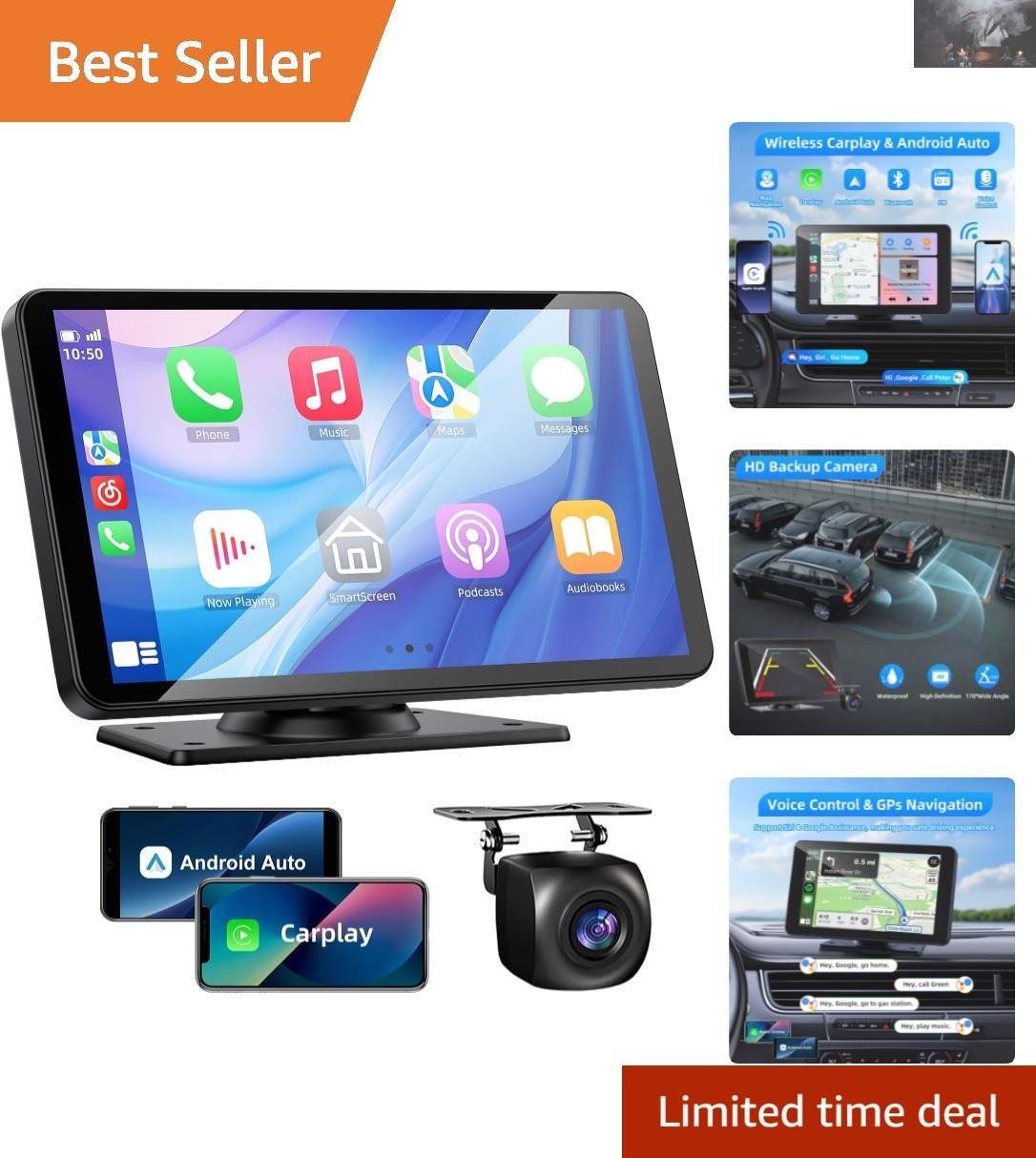 7-Inch HD Wireless Carplay & Android Auto Screen with Backup Camera & Bluetooth