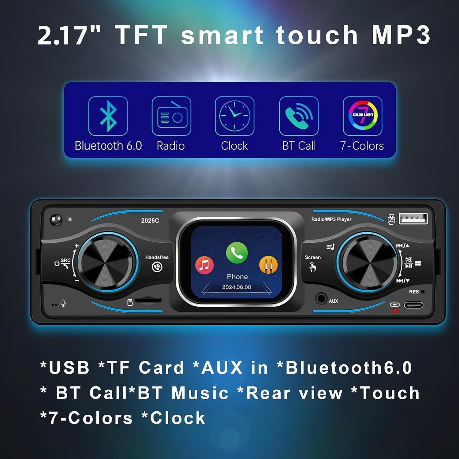 Car Radio Single Din Touchscreen Radio 2.17” with Bluetooth 6.0, FM Radio, USB/T