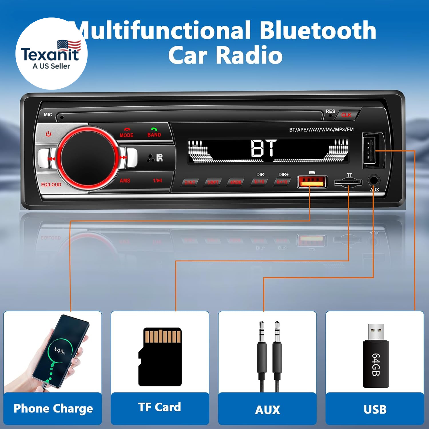 Single DIN Car Stereo Bluetooth, Car Radio Audio with Handsfree & App Control, 4