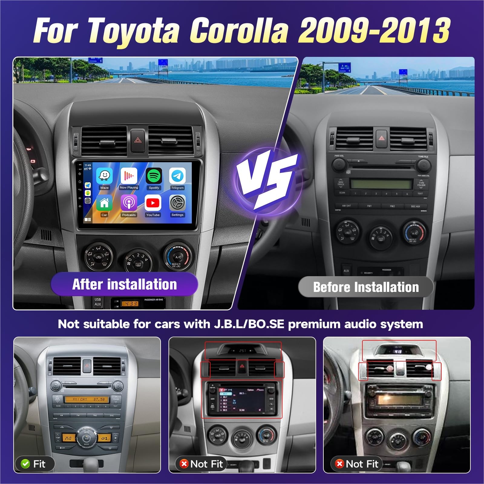 4Core 64G Carplay Radio Stereo Android 13 Screen For Toyota Corolla 2009-2013