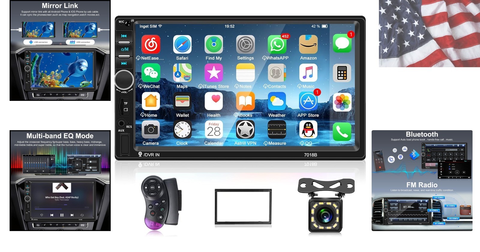Double Din 7-Inch Car Radio with Built-In Backup Camera & Steering Wheel Control