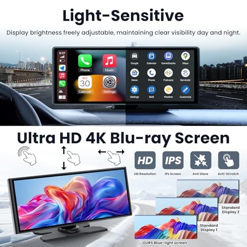 Wireless CarPlay 10.26″ Portable CarPlay Screen for Car Backup Cam & 4K Dash Cam