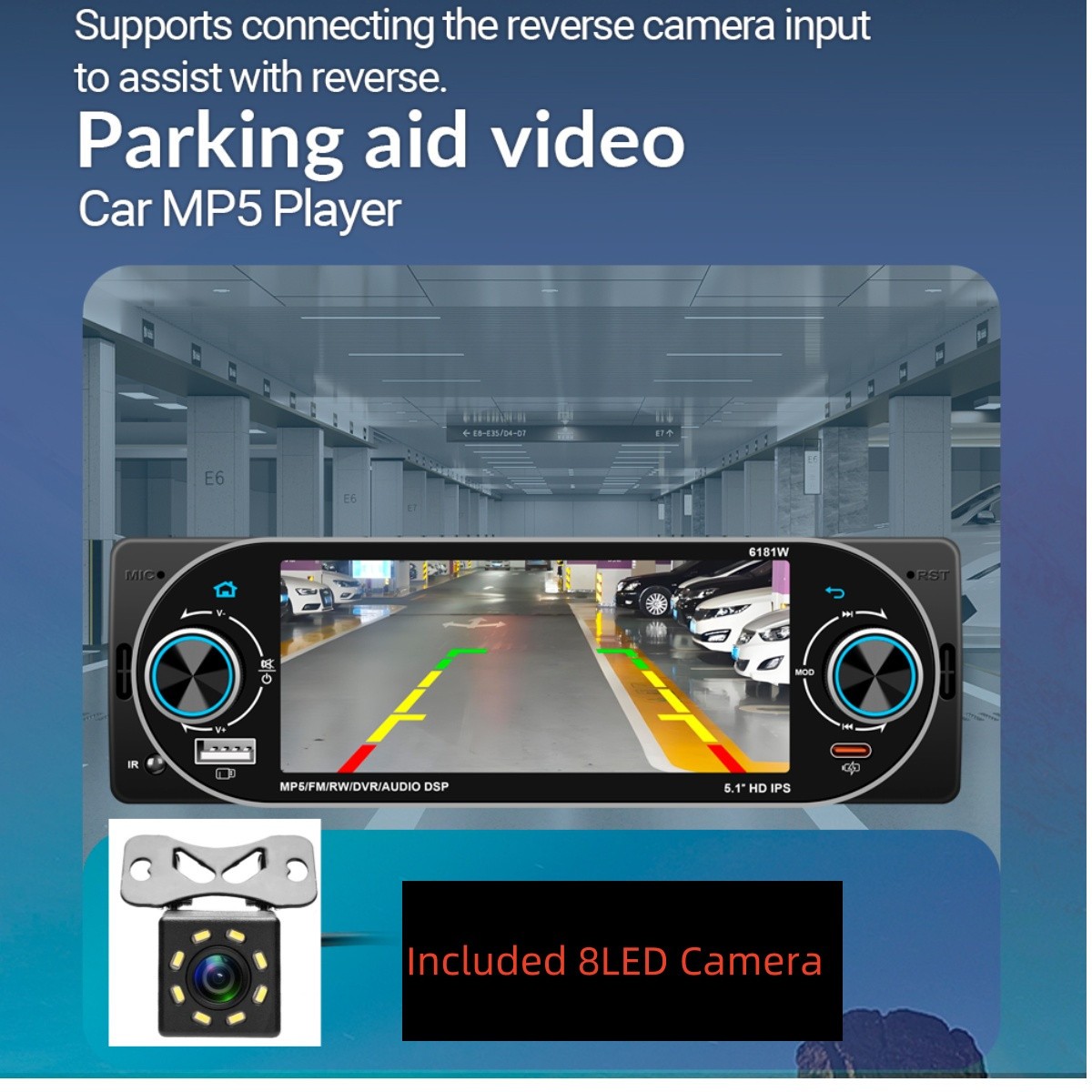 5.1in Car Multimedia Player Audio Stereo Type-C Fast Charging W/Rear Camera