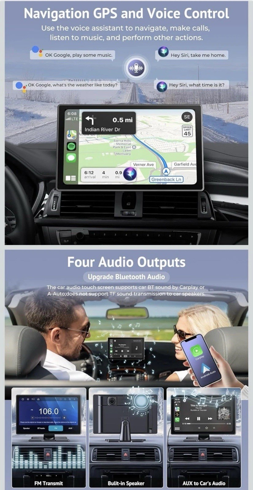 Portable Car Apple Carplay Touch Screen 9″ Wireless Android 5K Voice Command