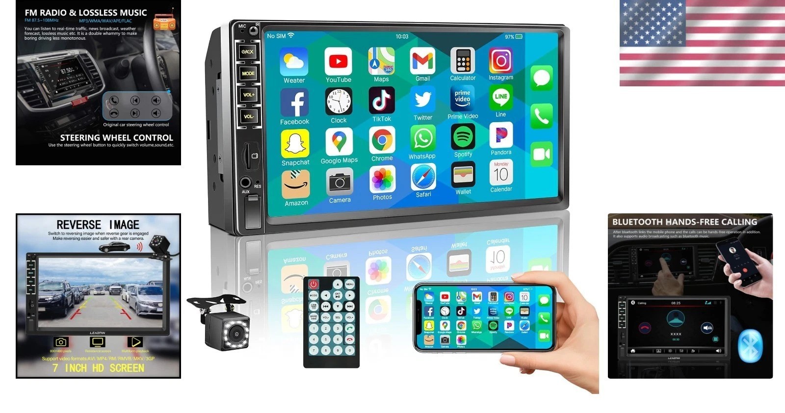 Double Din 7-Inch Touchscreen Receiver with USB and Bluetooth Connectivity