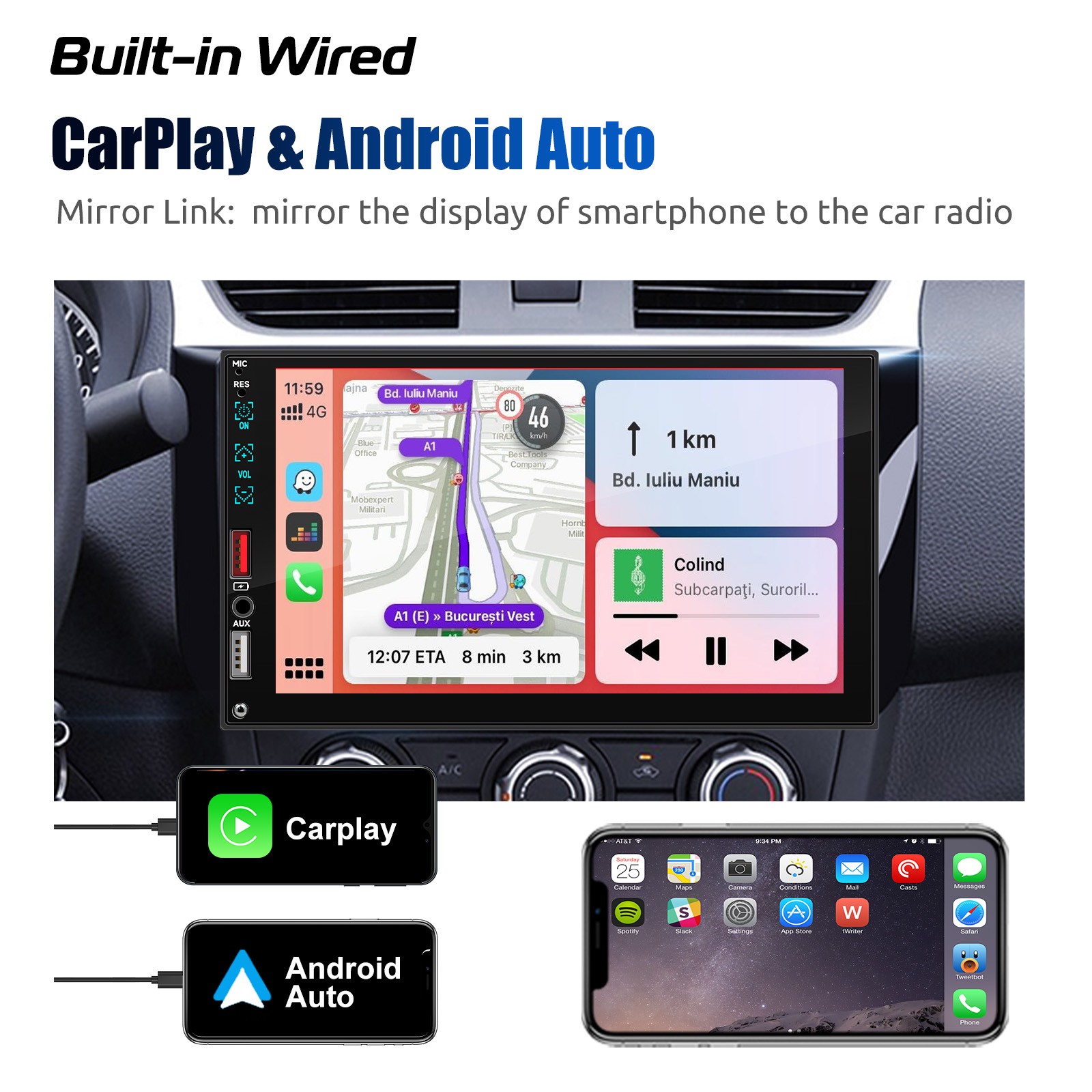 Single 1DIN Car Stereo Radio Bluetooth MP5 Player Apple CarPlay/Android Auto USB