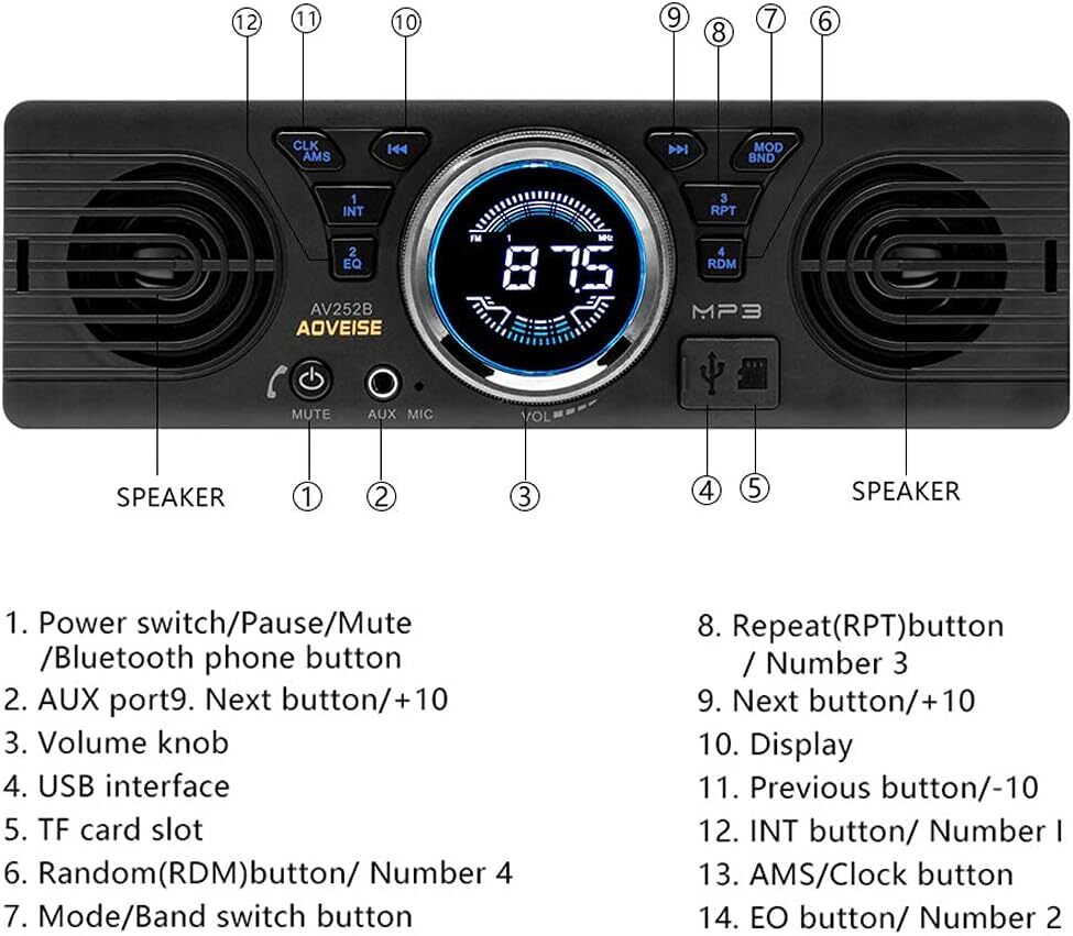 Single 1 Din FM Bluetooth Car Stereo Radio Head Unit Built-in Speakers In-Dash