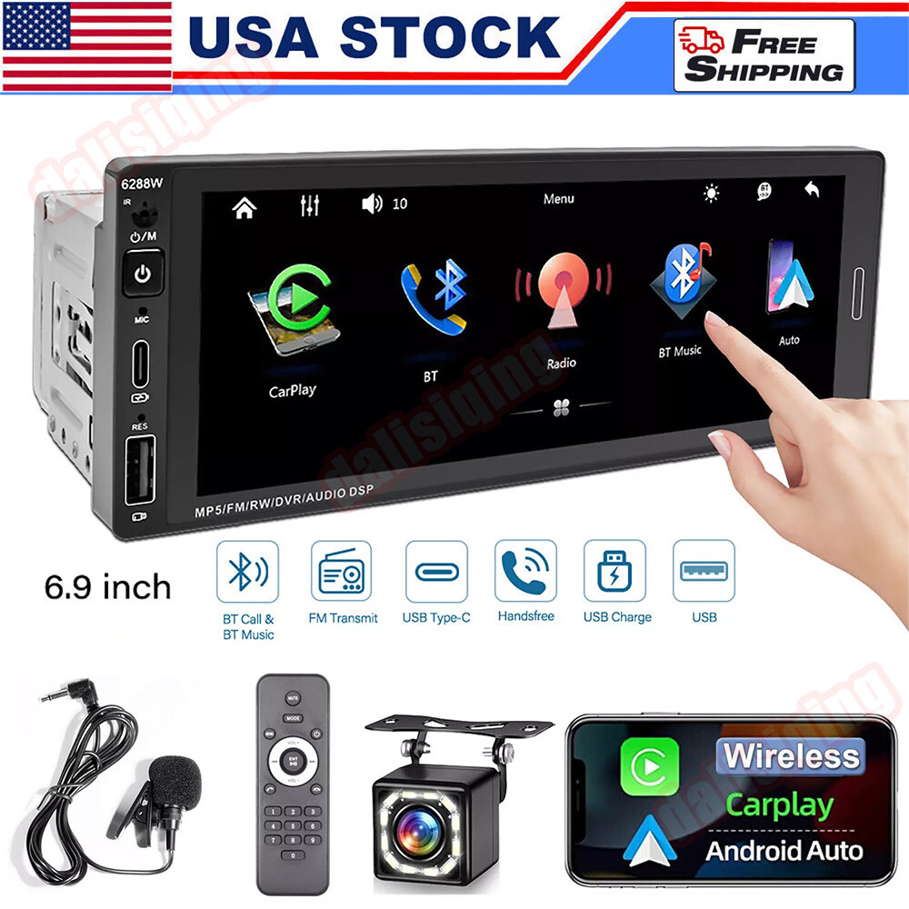 Single Din Car Stereo Wireless Apple Carplay 6.9 Touchscreen Bluetooth Radio USB
