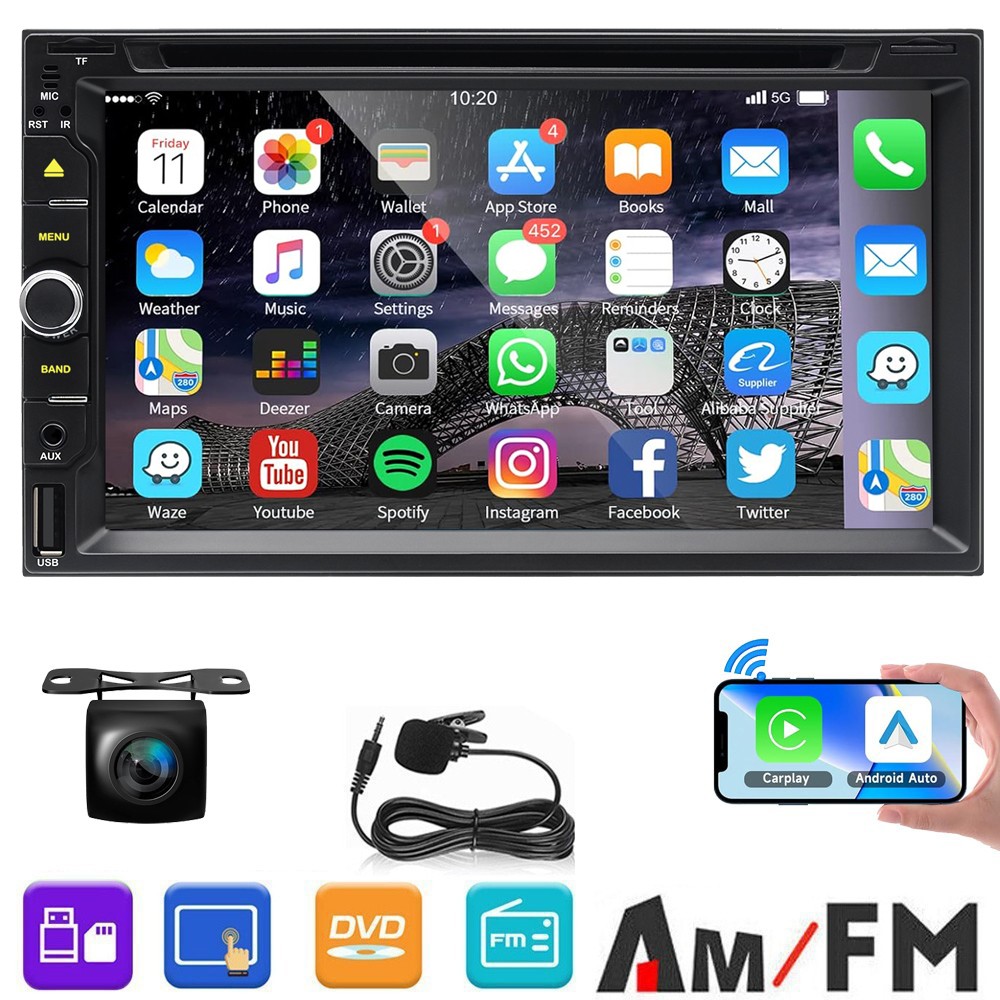 Double Din car Stereo with CD/DVD Player Wireless CarPlay & Android Auto GPS AM