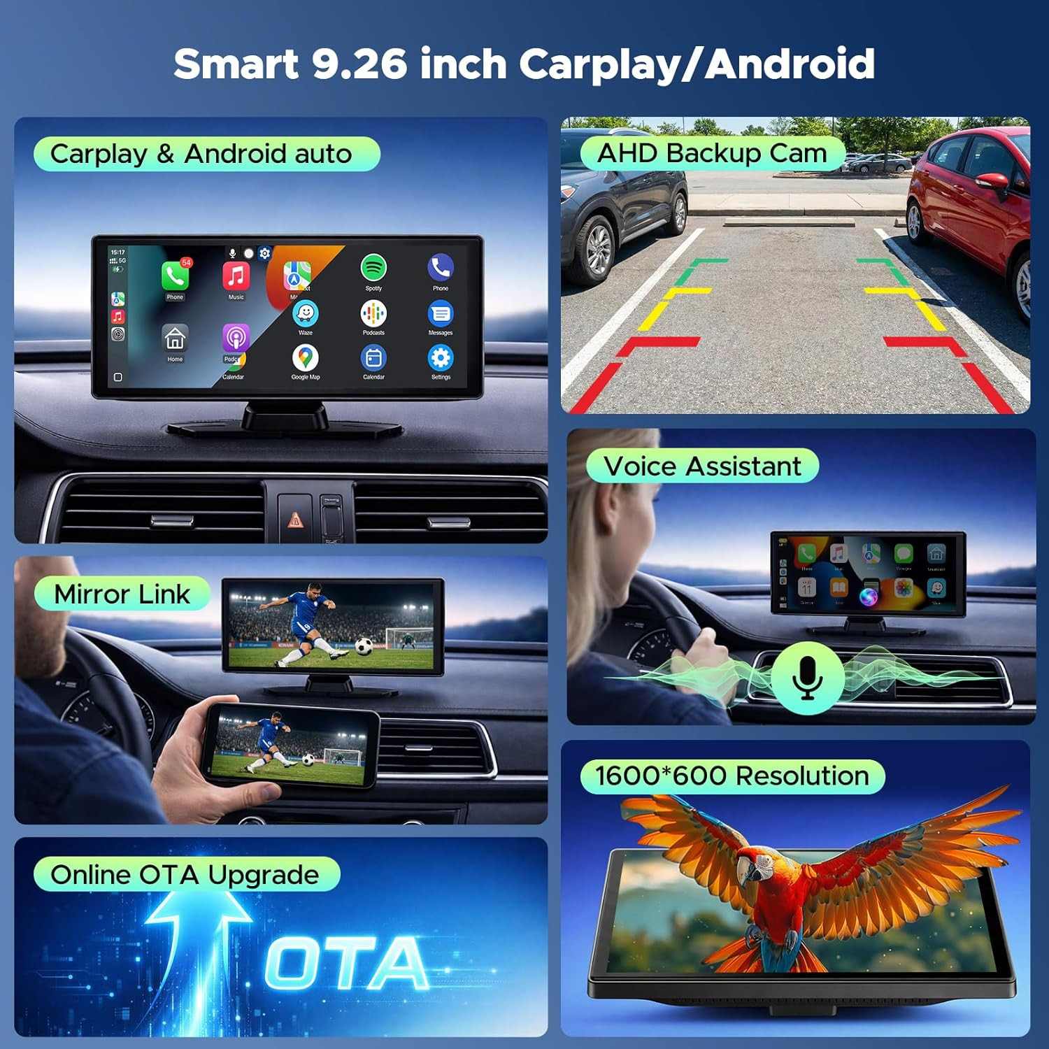 9.26″ Wireless Apple CarPlay Android Auto Screen w/ Backup Camera