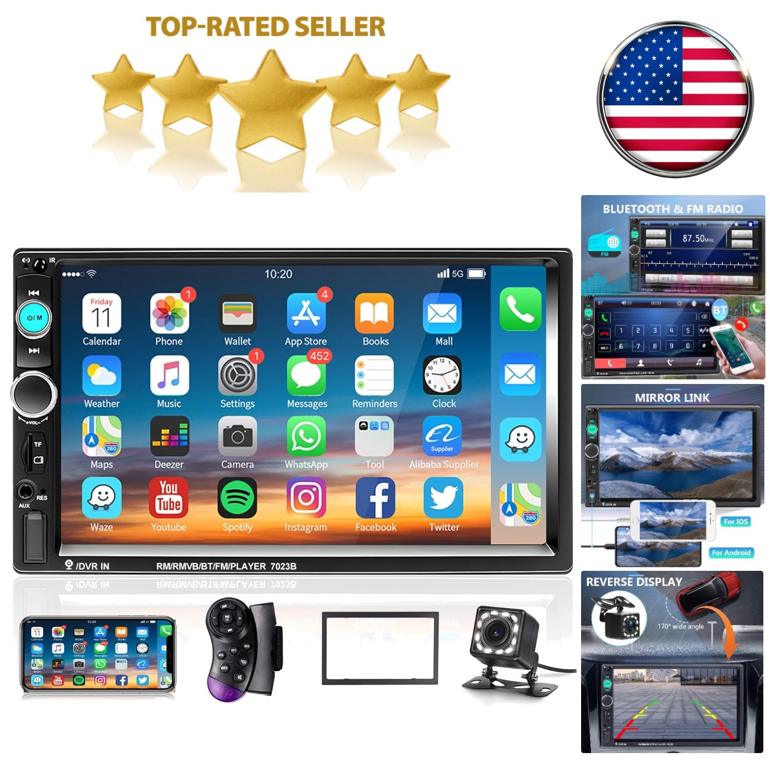 Car Radio 2 Din Autoradio with Backup Camera, Bluetooth, USB