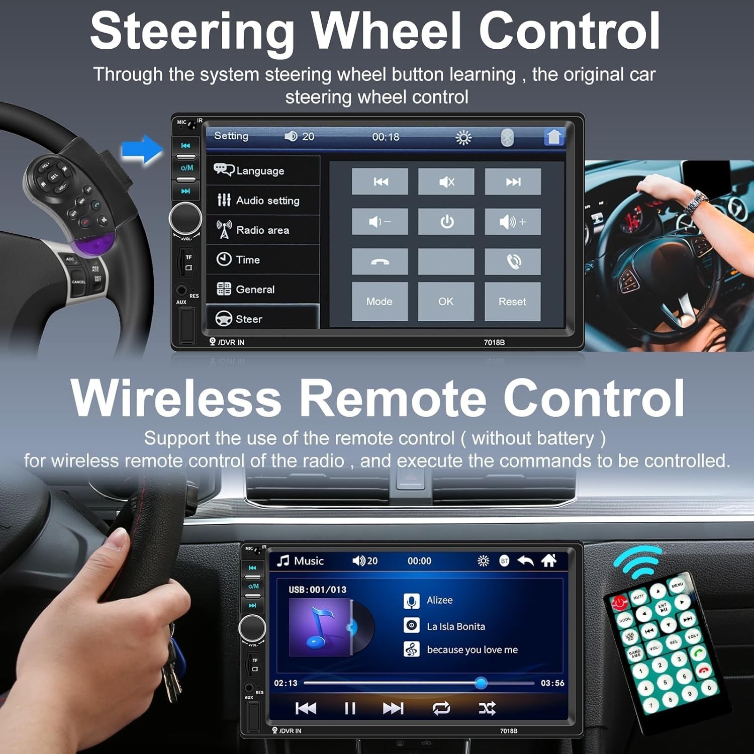 Double Din 7-Inch Car Radio with Built-In Backup Camera & Steering Wheel Control