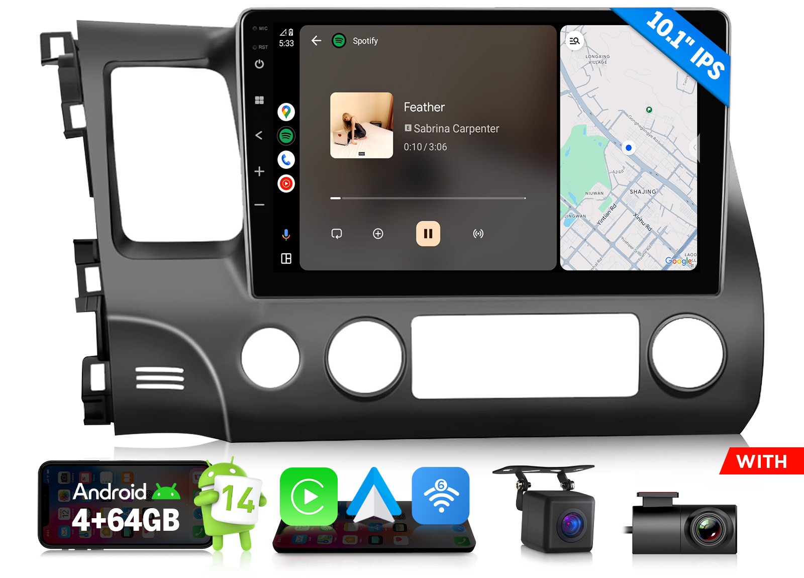 Eonon HCIV1X7A Android Auto 10.1″ Car Stereo for Civic 8th Gen CarPlay Head Unit