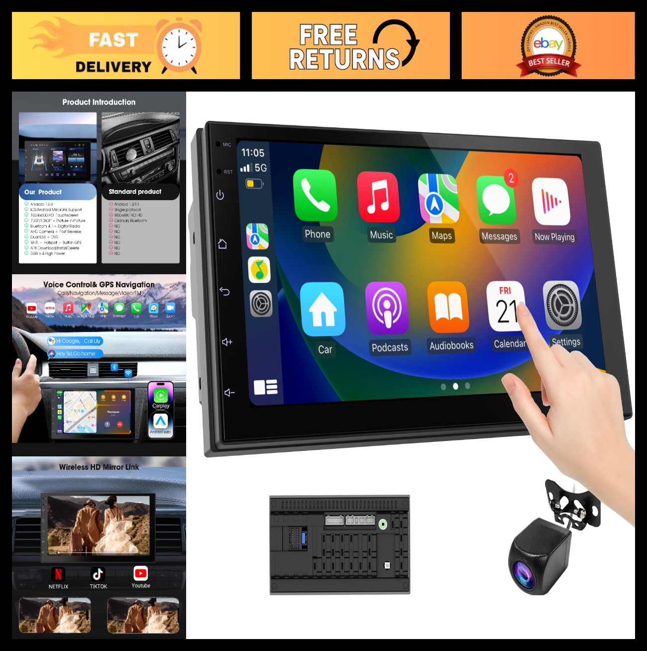 7″ Wireless CarPlay & Android Auto Double Din Car Stereo – Touchscreen, Backup C