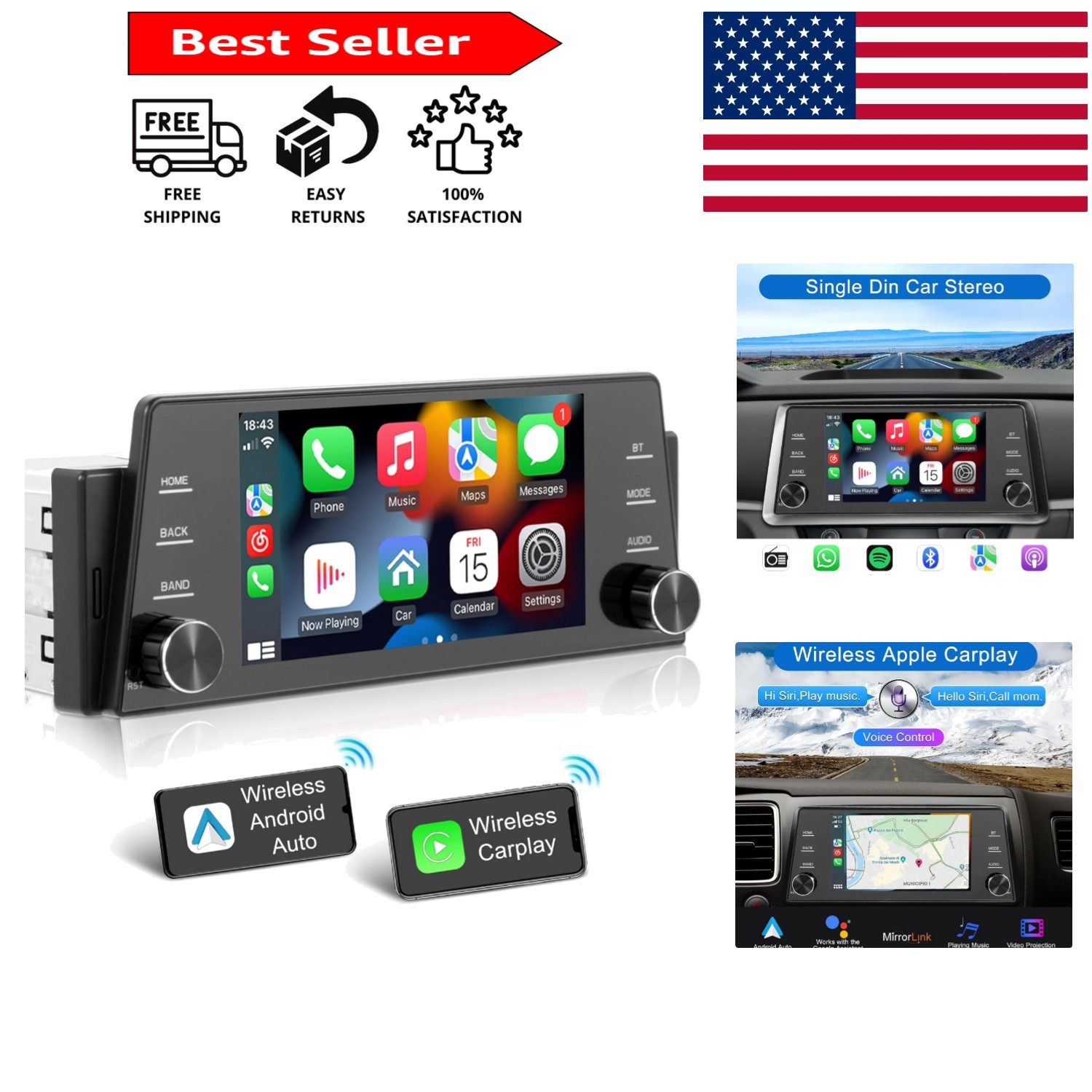 5 Inch IPS Touchscreen Single Din Car Radio with Wireless Carplay & Android Auto