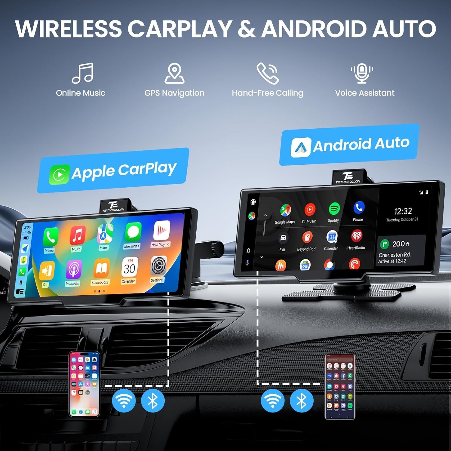 10.26” Wireless Carplay Screen for Car with 4K Dash Cam & 1080P Backup Black