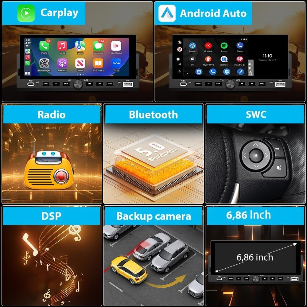 Single Din Car Stereo, 6.86 Inch CarPlay & Android Auto HD IPS Touchscreen Ra…