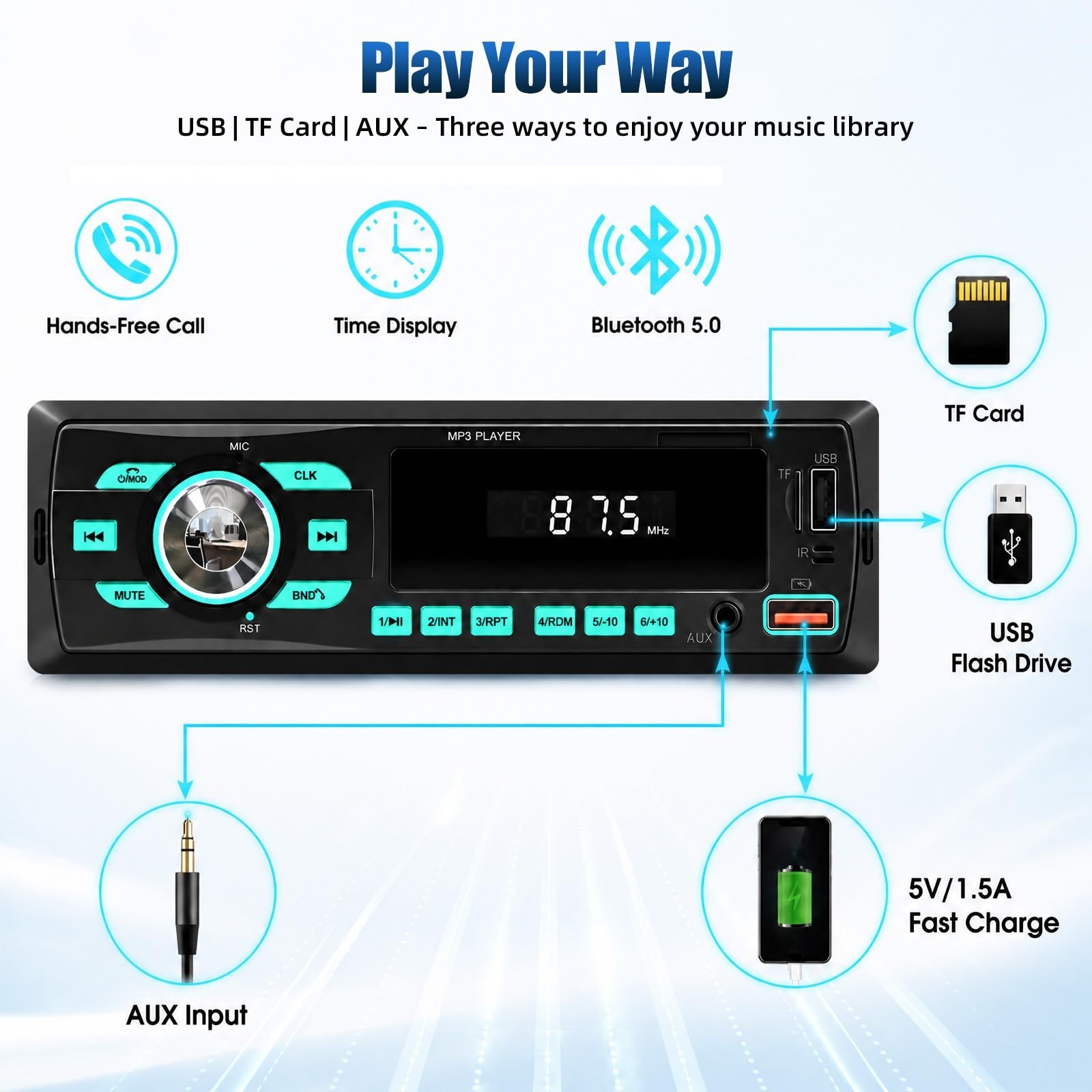 Bluetooth Car Stereo Single DIN – Dual USB, FM/MP3/SD/AUX, EQ, Quick Charge