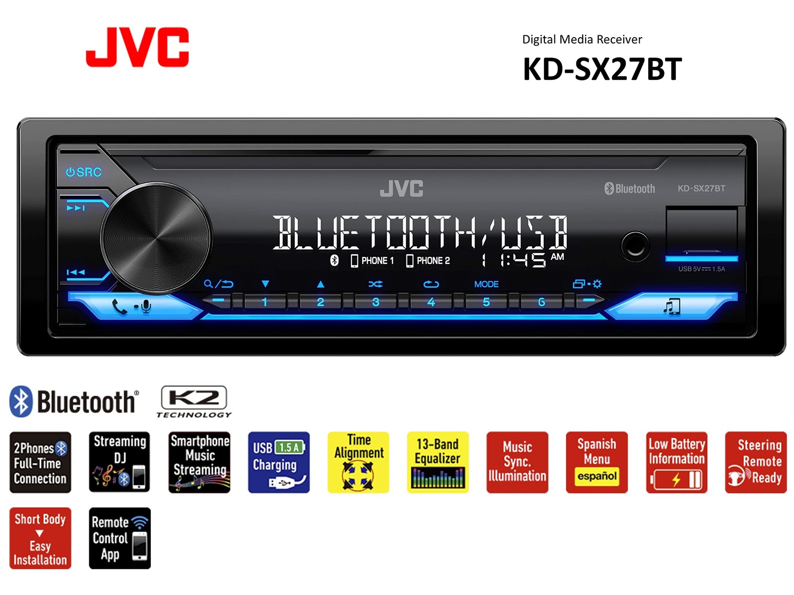 JVC KD-SX27BT Car Stereo with Bluetooth, 100W Digital Media Receiver, 1.5A…