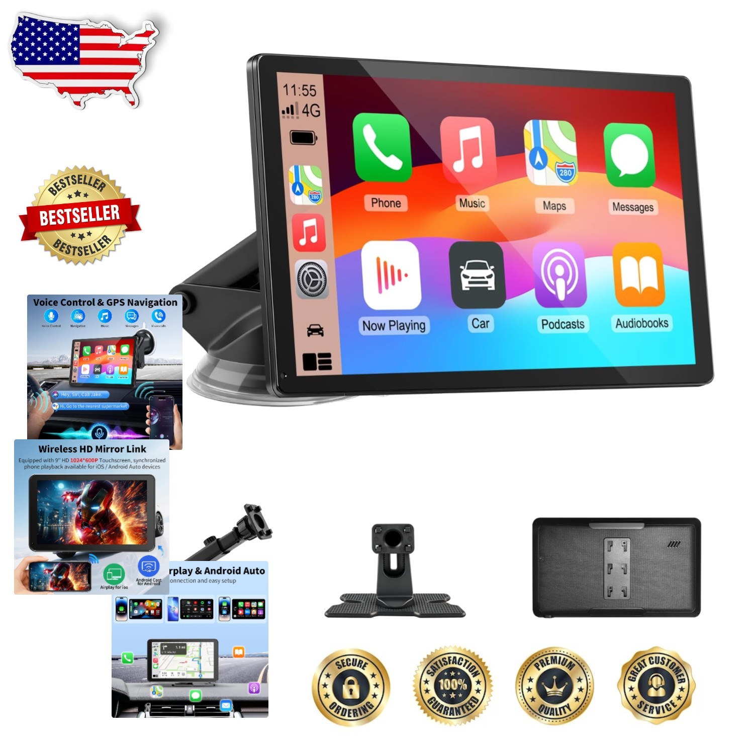 Carplay Screen 9” Wireless HD Touch, GPS Navigation, Voice Control, Plug & Play