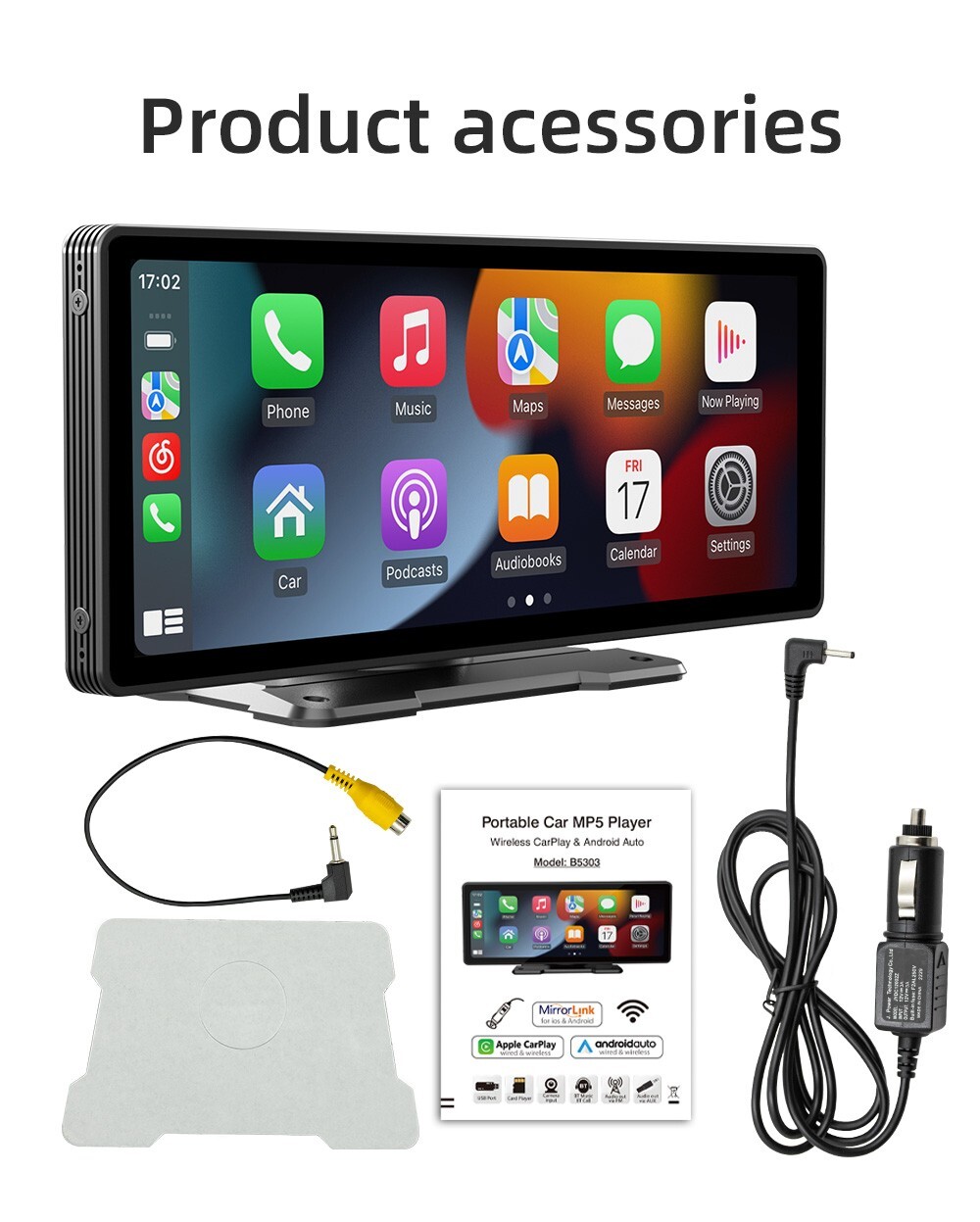 10″ Portable Smart Multimedia Player Carplay Android Auto FM USB Mp5 Cam In AUX