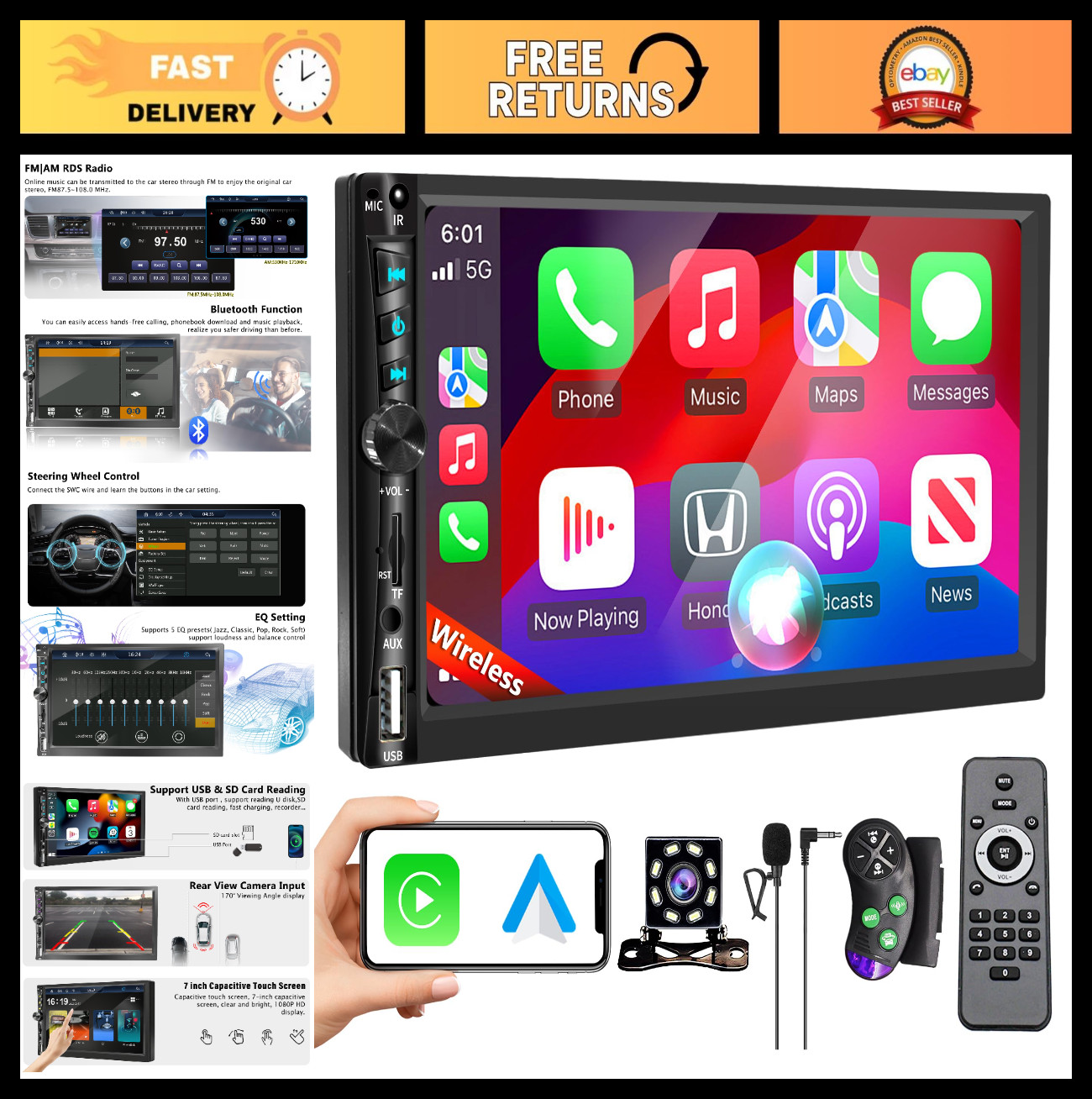 7″ Double Din Car Stereo – Apple CarPlay, Android Auto, Bluetooth 5.2, Touchscre