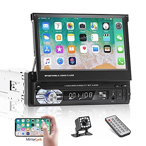 Bluetooth Single Din Car Stereo 7 Inch Retractable Touchscreen with Mirror Link