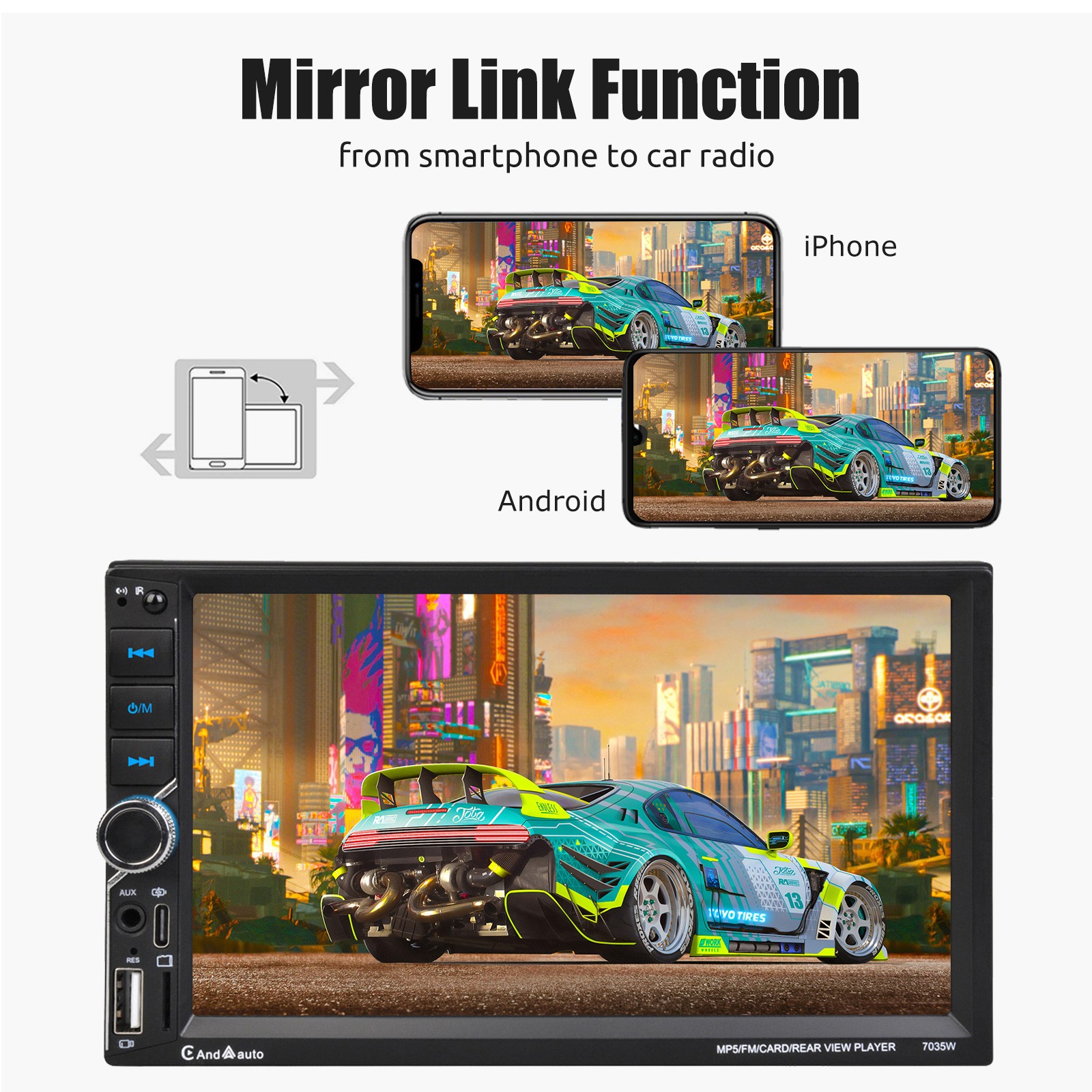 7in 2 Din Car Stereo Apple CarPlay & Android Auto Radio Bluetooth USB/Type-C FM