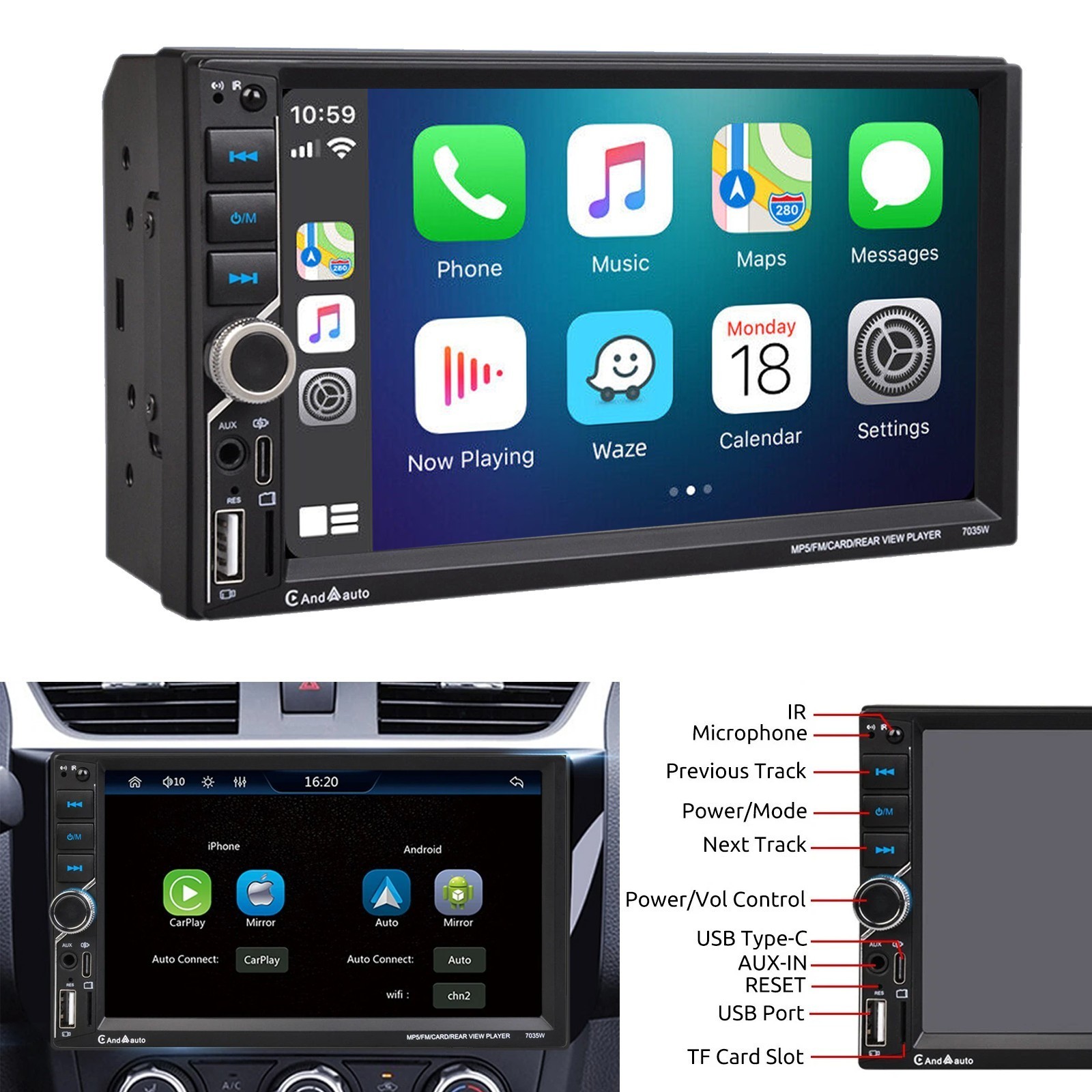 Double 2DIN Car Stereo MP5 Radio Flip Out Touch Screen Wireless CarPlay/Android