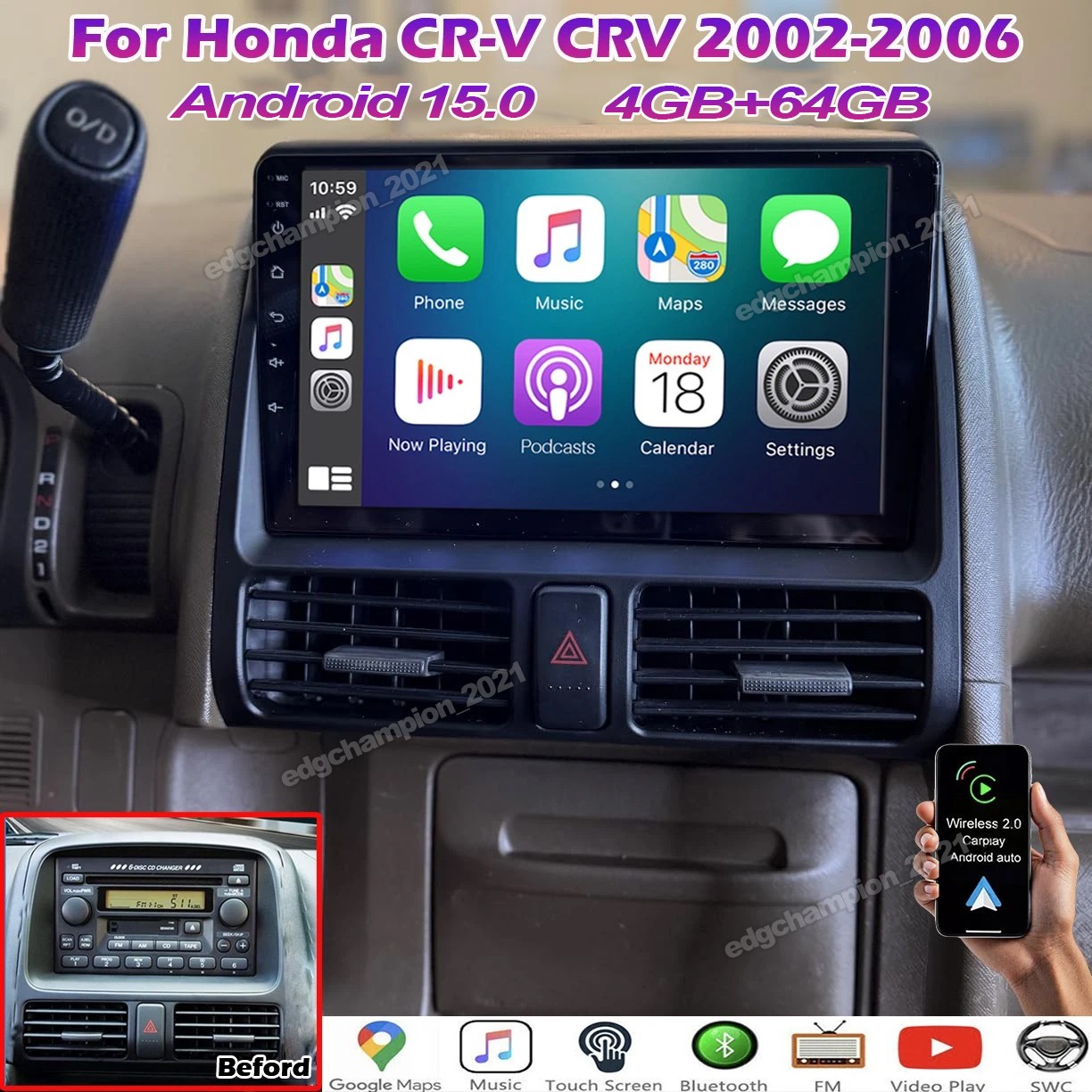 9″ Android 15 Carplay For Honda CRV 2001-2006 Car Stereo Radio Navi Wifi GPS 64G