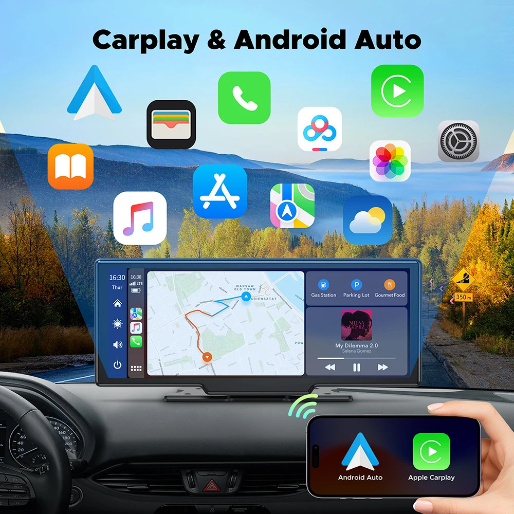 10.2″ Wireless Carplay Monitor Screen Android Auto DVR Front Rear Cam Rearview