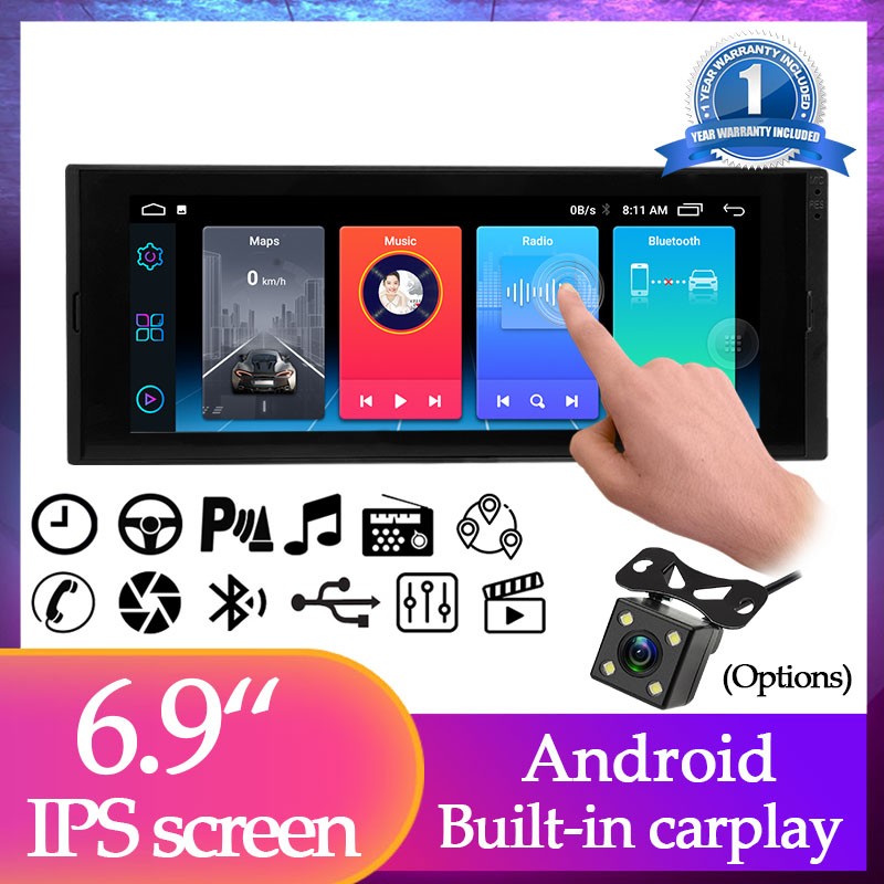1Din 6.9″Touch Screen Android Car Stereo Built-in CarPlay WiFi GPS AHD Rear View