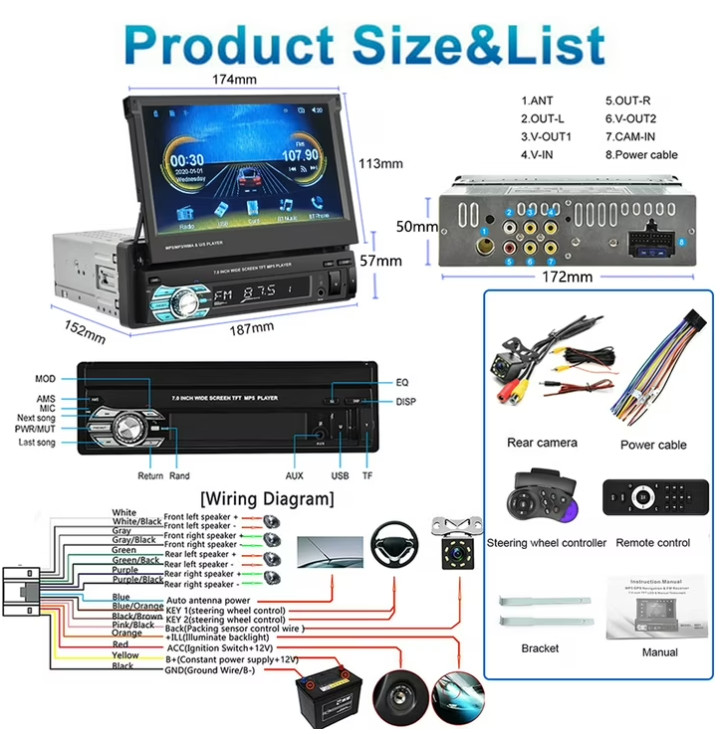 Radio Para Auto Con Pantalla 1 Din Sencillo Pantalla Tactil Bluetooth MP5 GPS FM