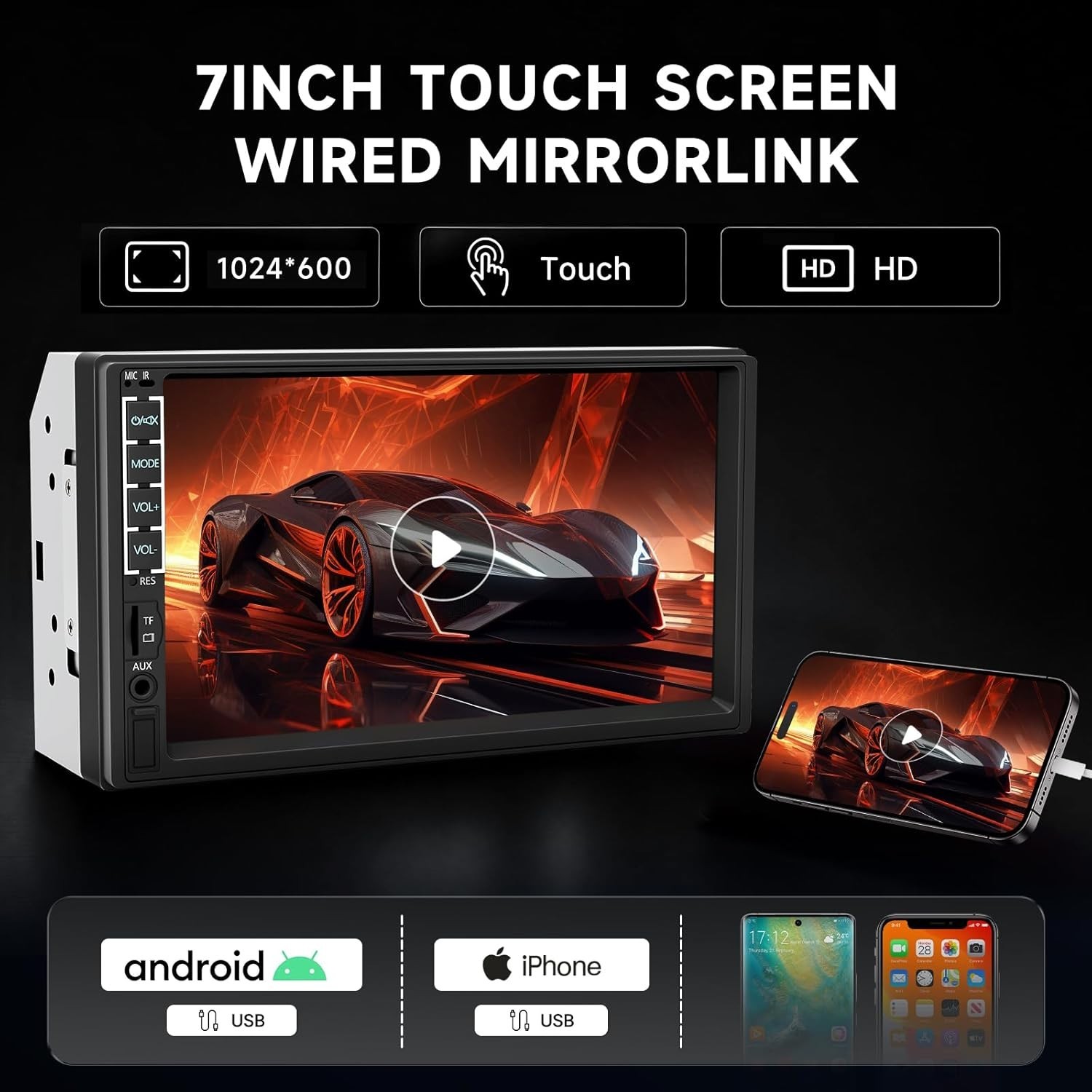High-Resolution 7-Inch Touchscreen Car Stereo with FM and Bluetooth Connectivity