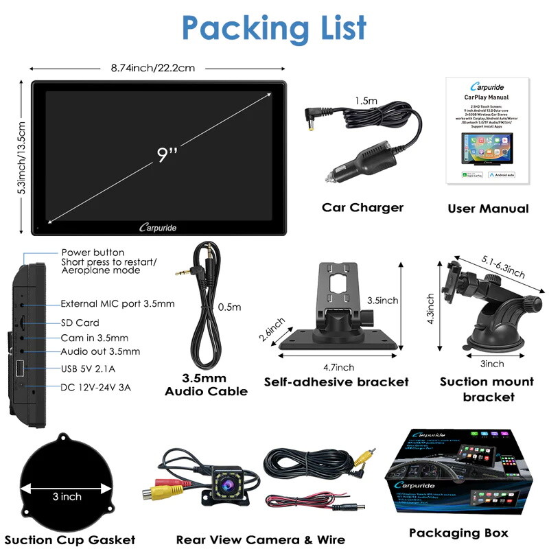 Carpuride 2+32G 9″Touchscreen Apple Carplay Car Stereo Android Auto Apps Install