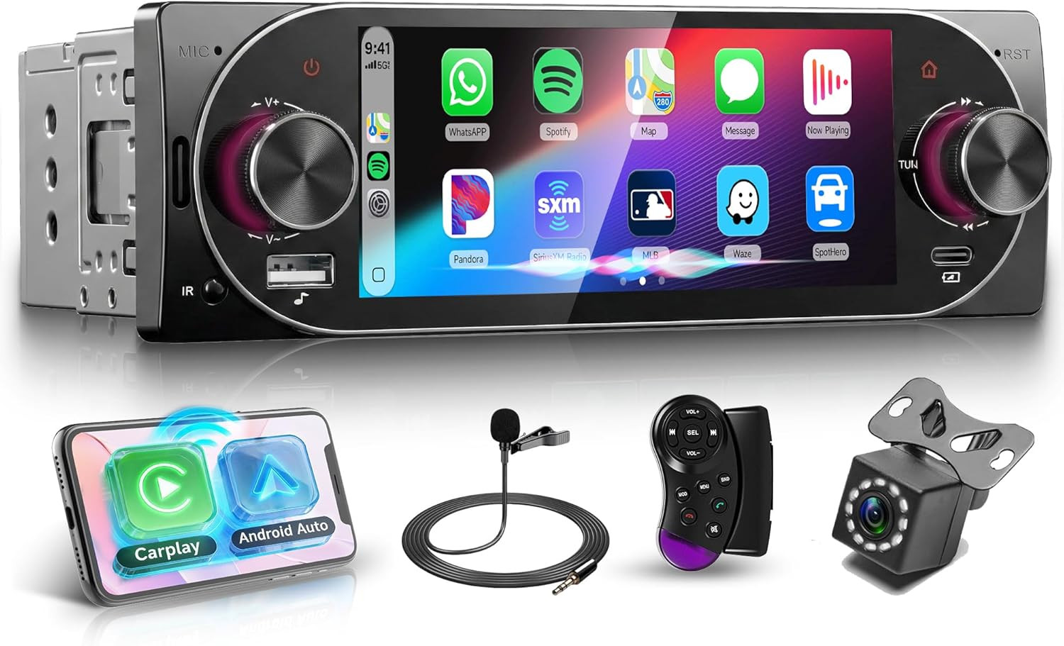 Single Din Car Stereo with Wireless Carplay & Android Auto, 5.1 Inch Touch Scree