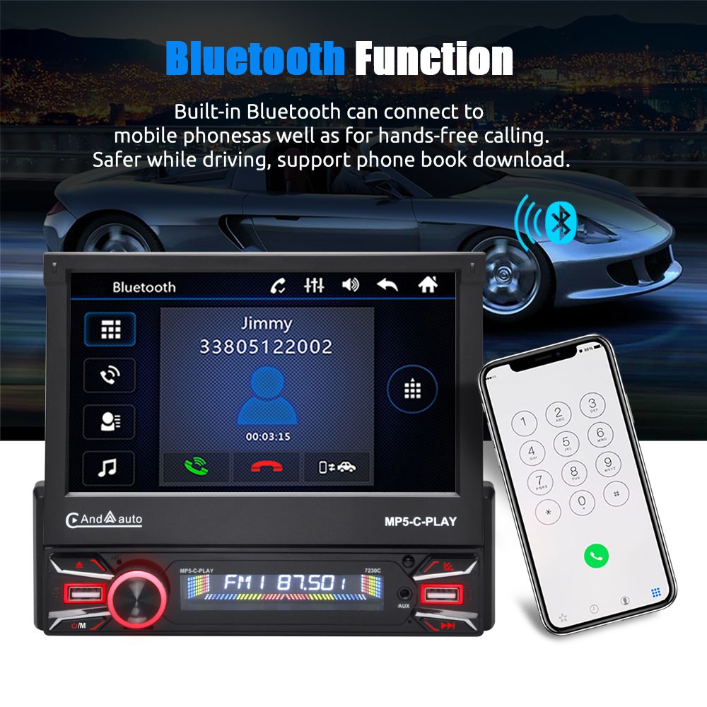 7″ Flip Out Car Radio Stereo Apple Carplay Android Auto Touch Screen Single 1Din