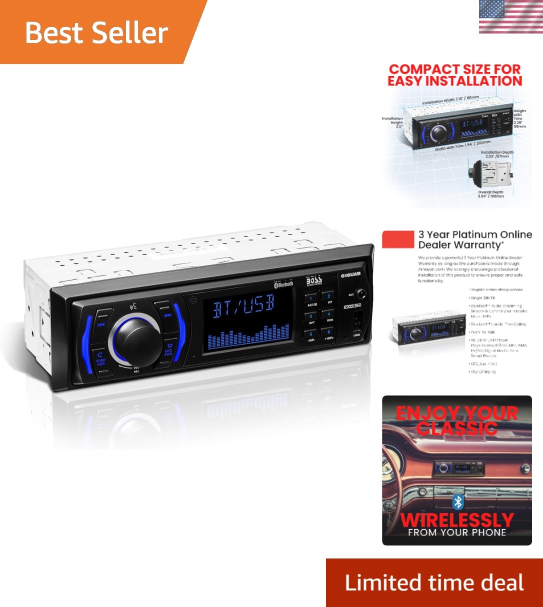 BOSS Audio Systems 616UAB Car Stereo with Bluetooth – Single DIN, MP3, USB, Aux-