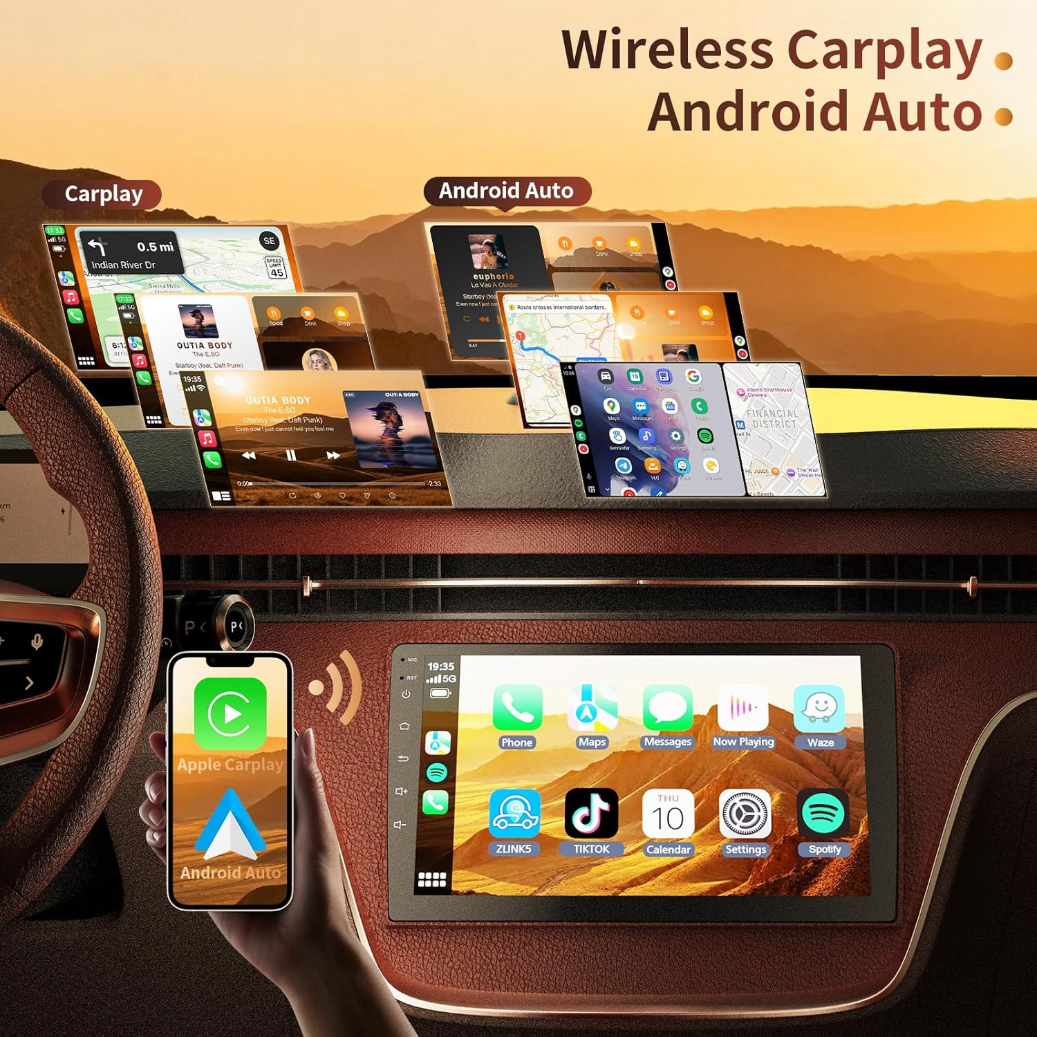 9″ HD Touchscreen Wireless Carplay Screen for Car with Carplay and Android Auto,
