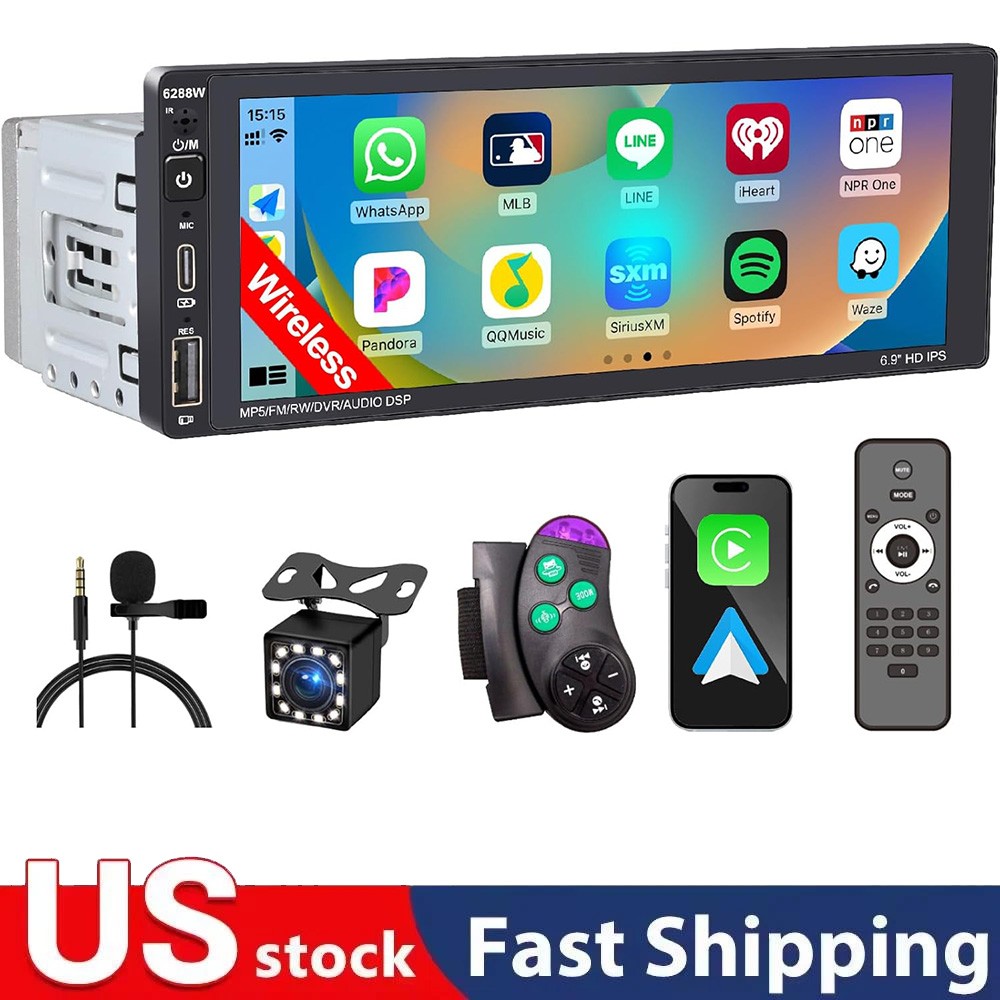 Single 1Din 6.9″ Touch Screen Stereo Bluetooth Radio Apple CarPlay Android Auto