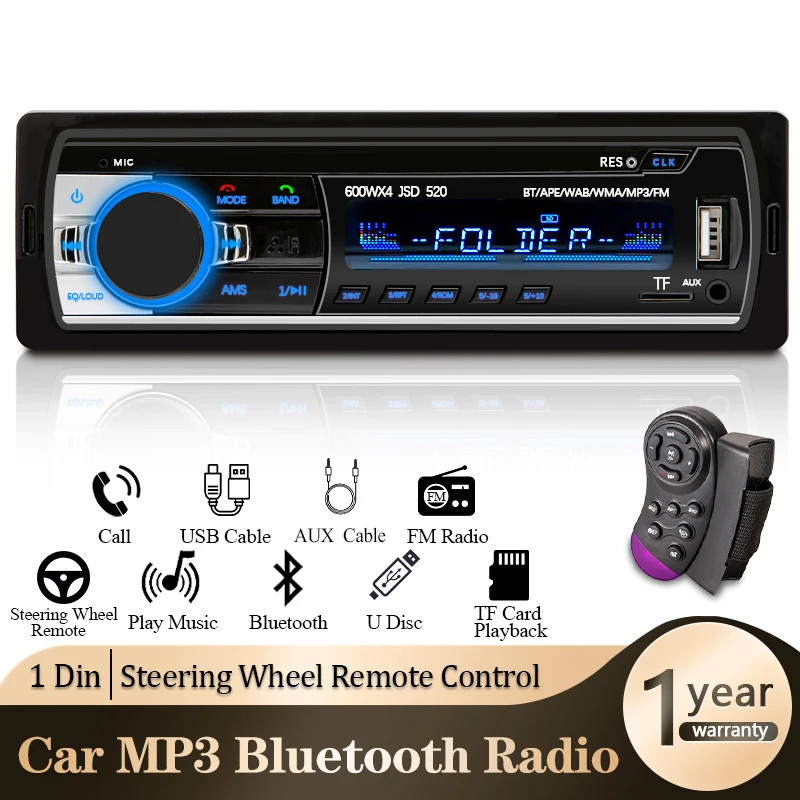 1 DIN Car Stereo Radio Bluetooth MP3 Player 60Wx4 USB SD AUX FM Receiver In-Dash