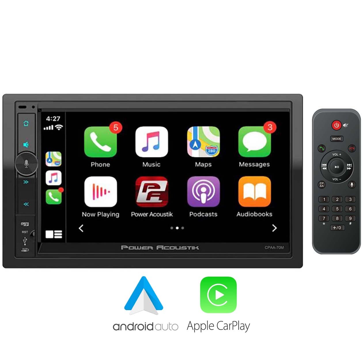 POWER ACOUSTIK 7″ LCD DOUBLE-DIN RECEIVER w/WIRELESS APPLE CARPLAY, ANDROID AUTO