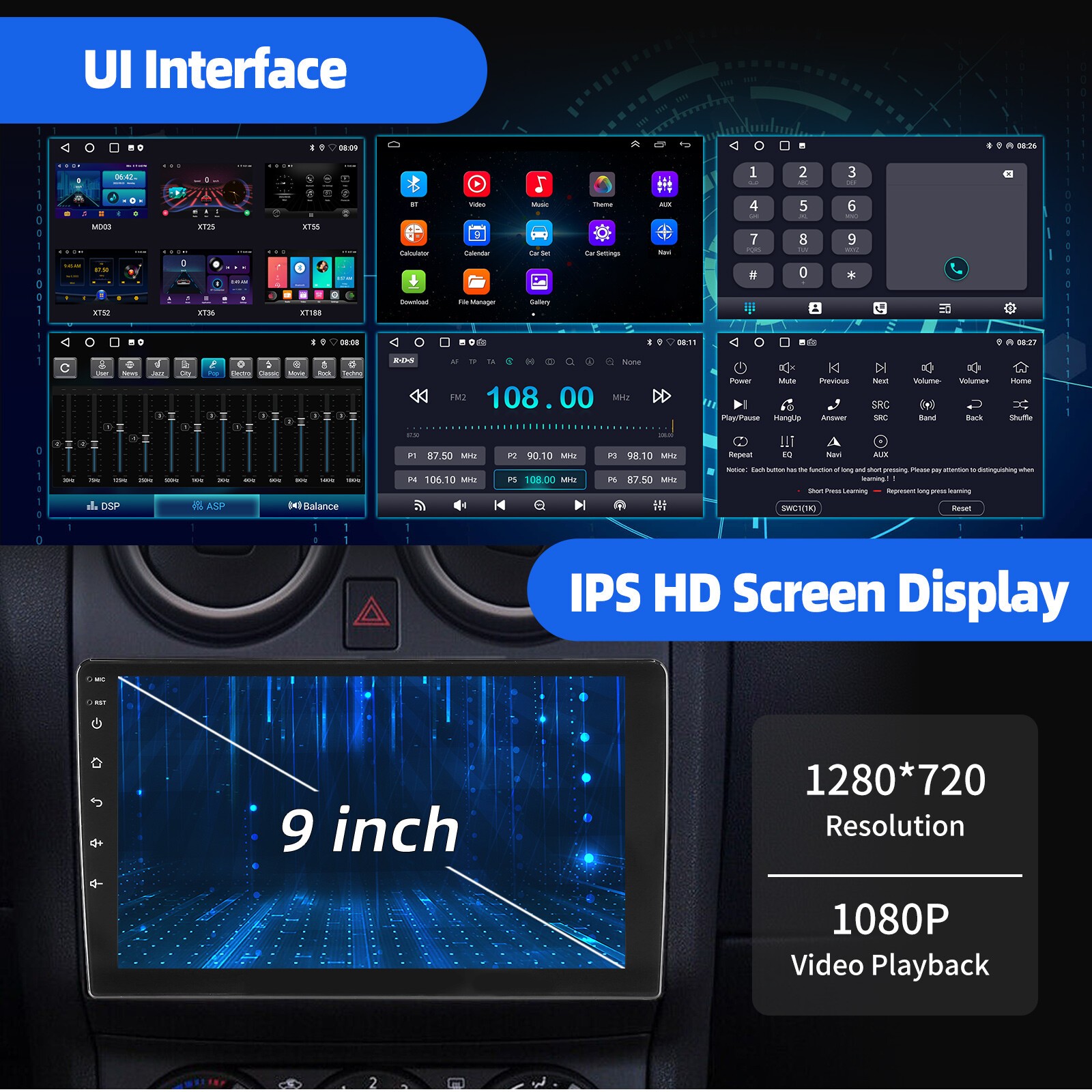 9″ 2 DIN Carplay Android 14 Car Stereo GPS NAVI WIFI Radio 4+64G USB MP5 Player